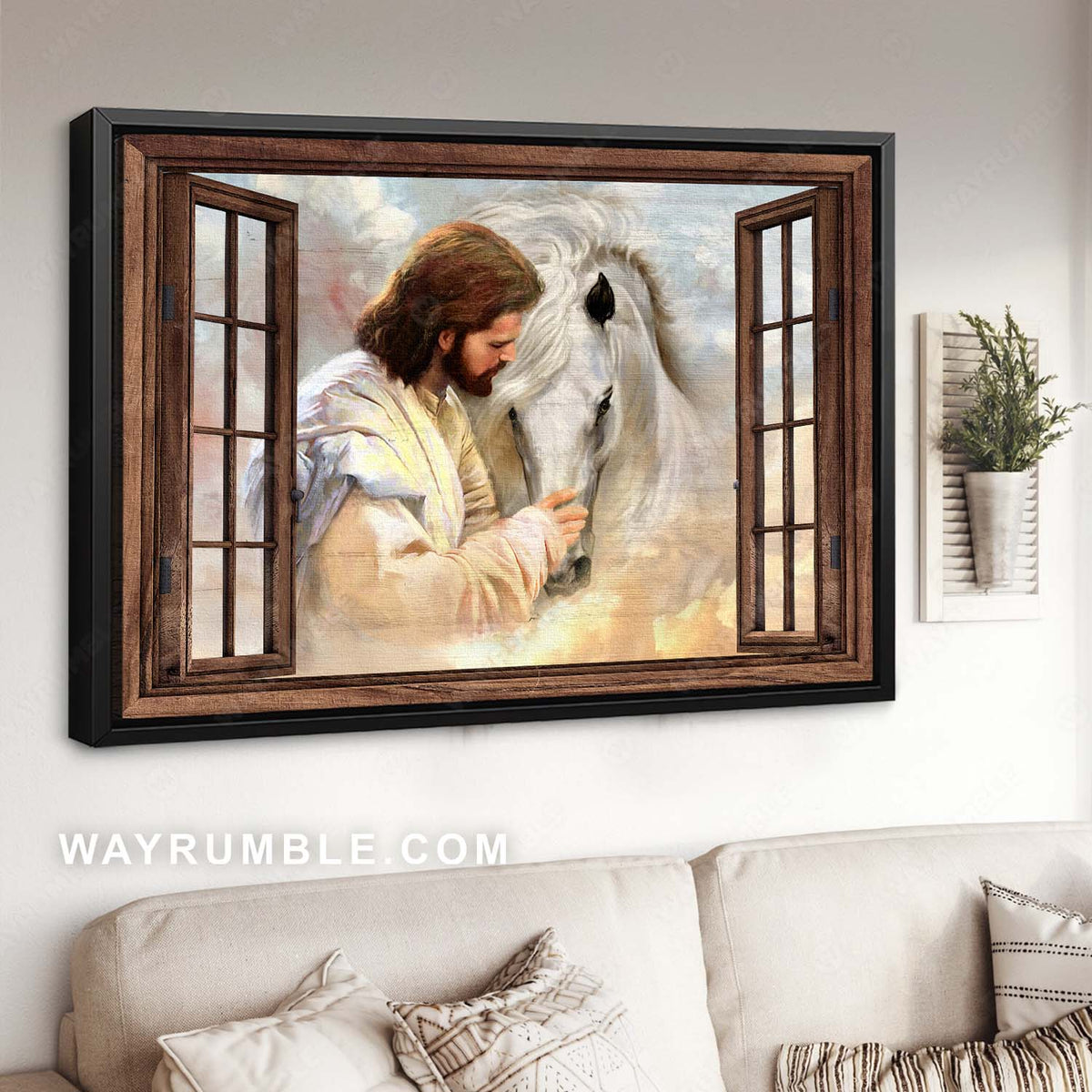 Horse painting, Abstract Jesus drawing, Window frame, In beautiful heaven - Jesus Landscape Canvas Prints, Christian Wall Art
