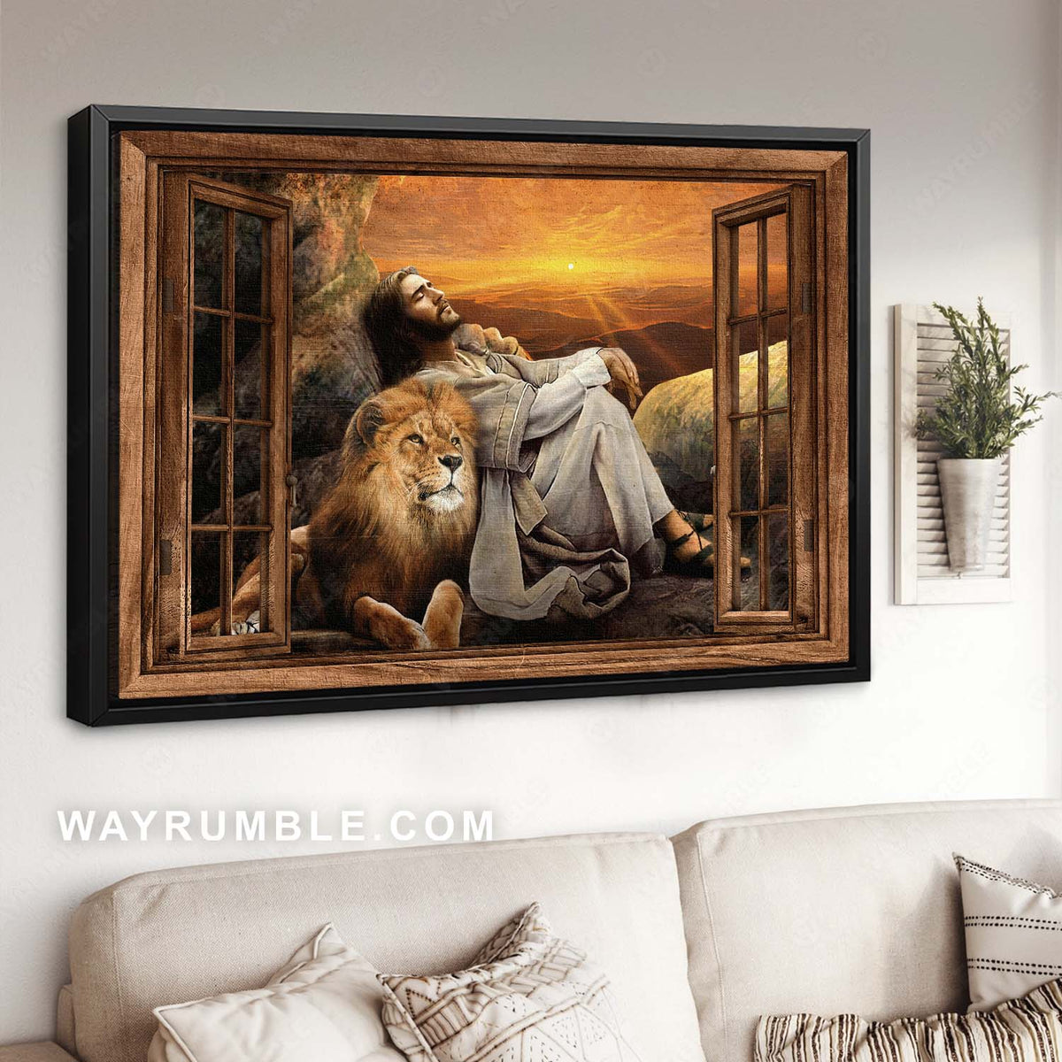 Beautiful sunset, Lion of Judah, Jesus painting, Wooden windows - Jesus Landscape Canvas Prints, Christian Wall Art