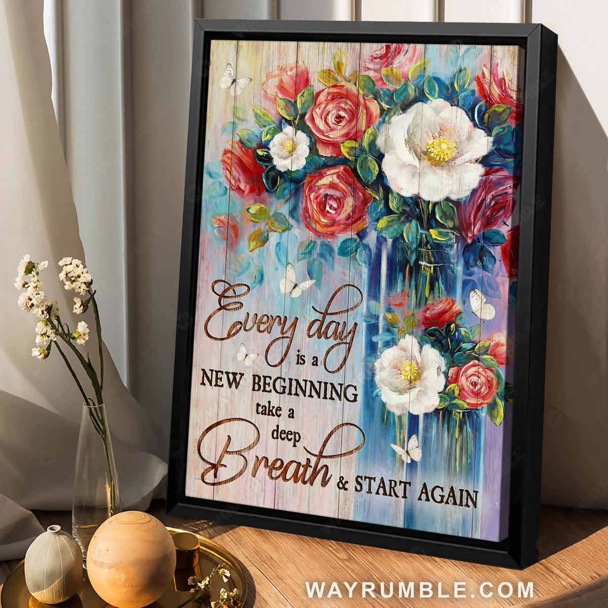 Gorgeous flower vase, Red rose, White butterfly, Every day is a new beginning - Jesus Portrait Canvas Prints, Home Decor Wall Art