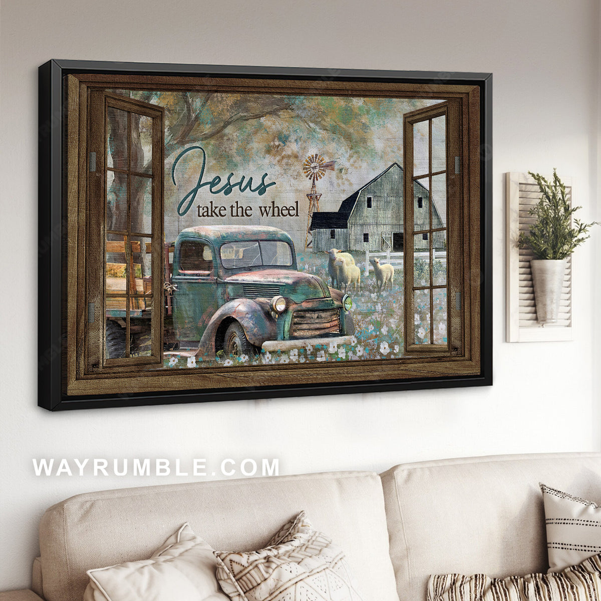 Farm painting, Old truck, Lamb of God, Jesus take the wheel - Jesus Landscape Canvas Prints, Home Decor Wall Art