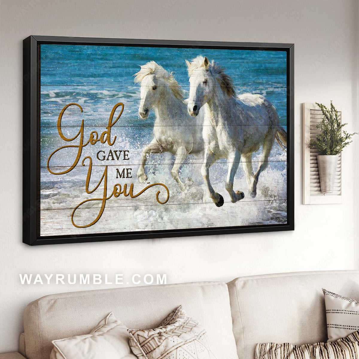 Horse couple, White horse, Happy relationship, On the beach, God gave me you - Jesus Landscape Canvas Prints, Home Decor Wall Art