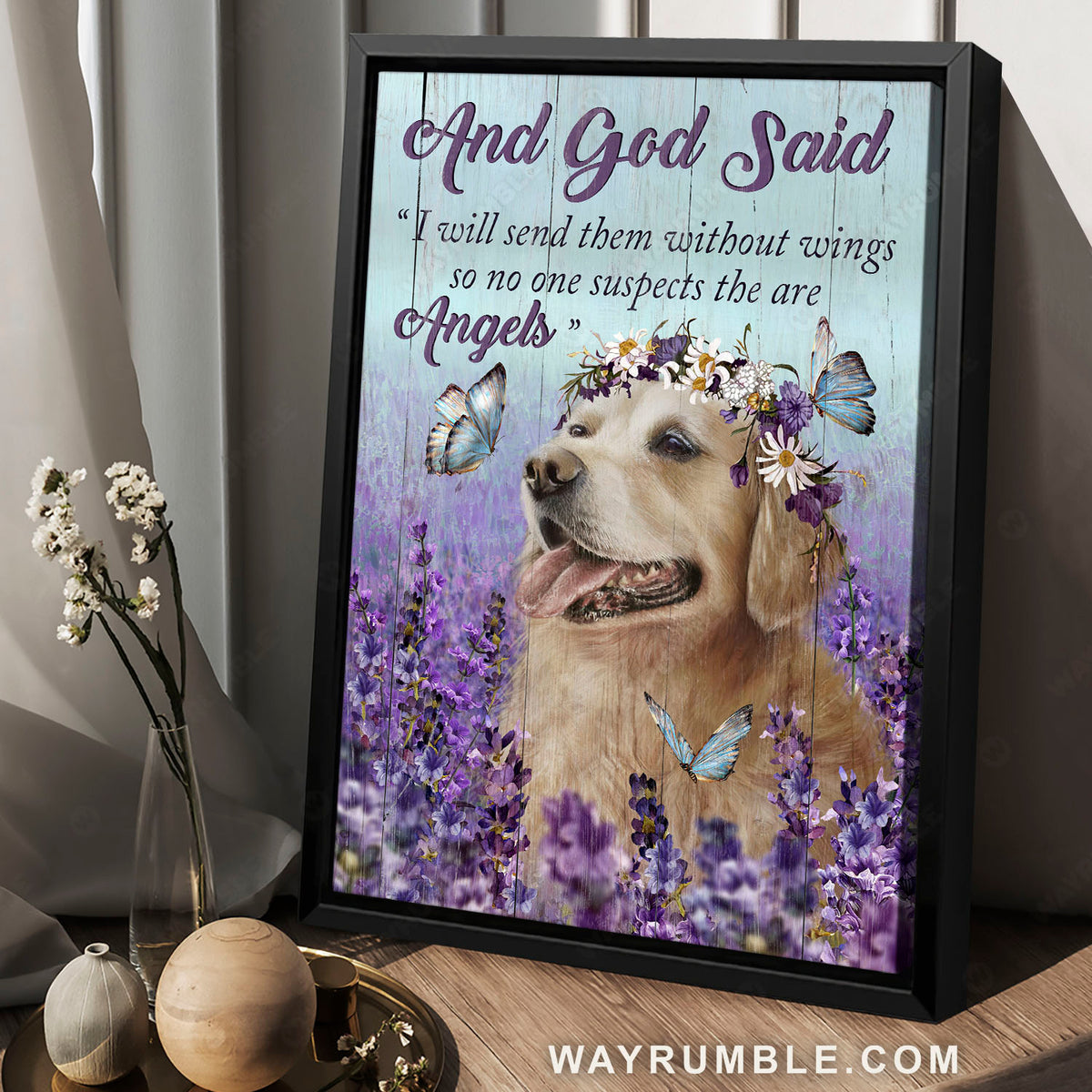 Golden Retriever, Lavender field, Blue butterfly, Lovely angel, And God said - Jesus Portrait Canvas Prints, Home Decor Wall Art