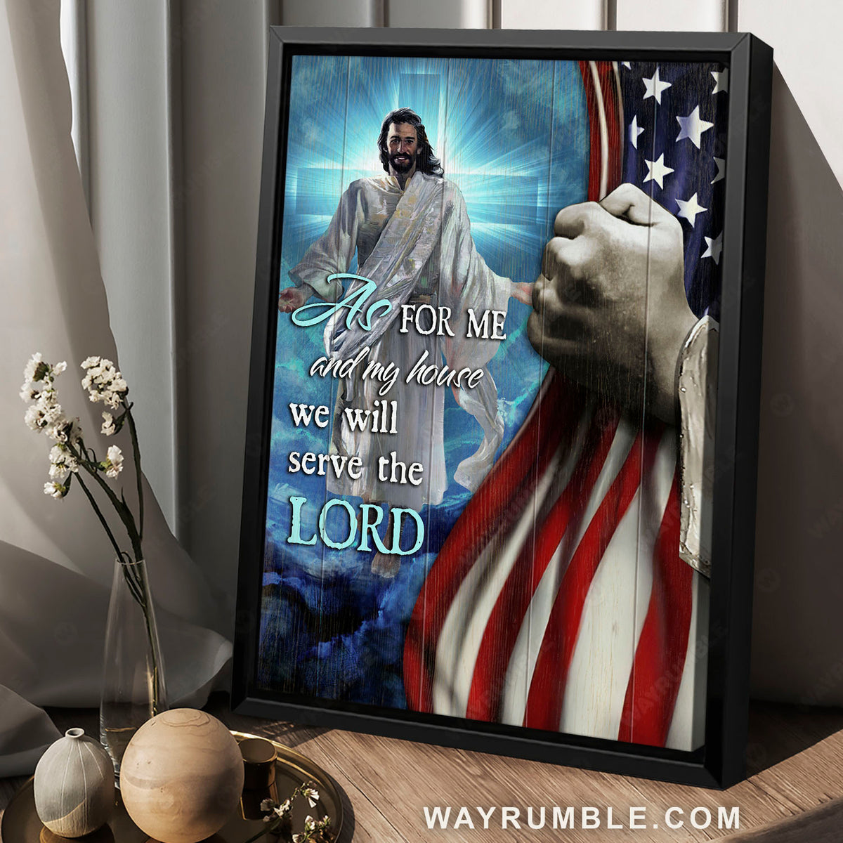 American flag, Blue cross, Jesus painting, We will serve the Lord - Jesus Portrait Canvas Prints, Christian Wall Art