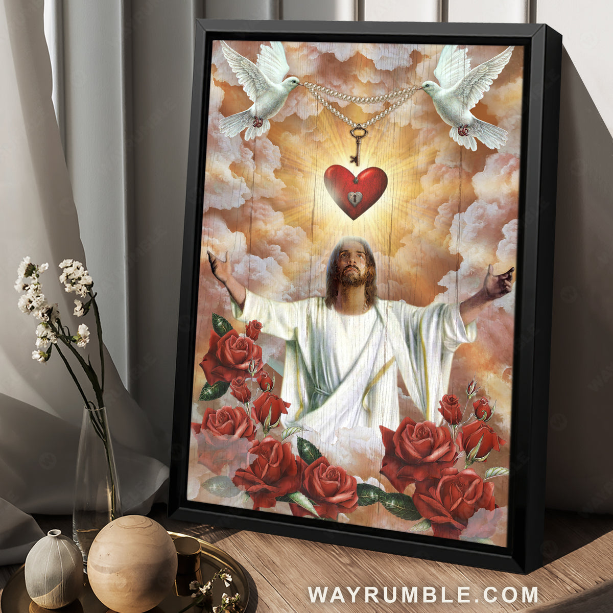 Beautiful Jesus painting, Holy spirit dove, Red roses, The sacred heart of Jesus - Jesus Portrait Canvas Prints, Christian Wall Art