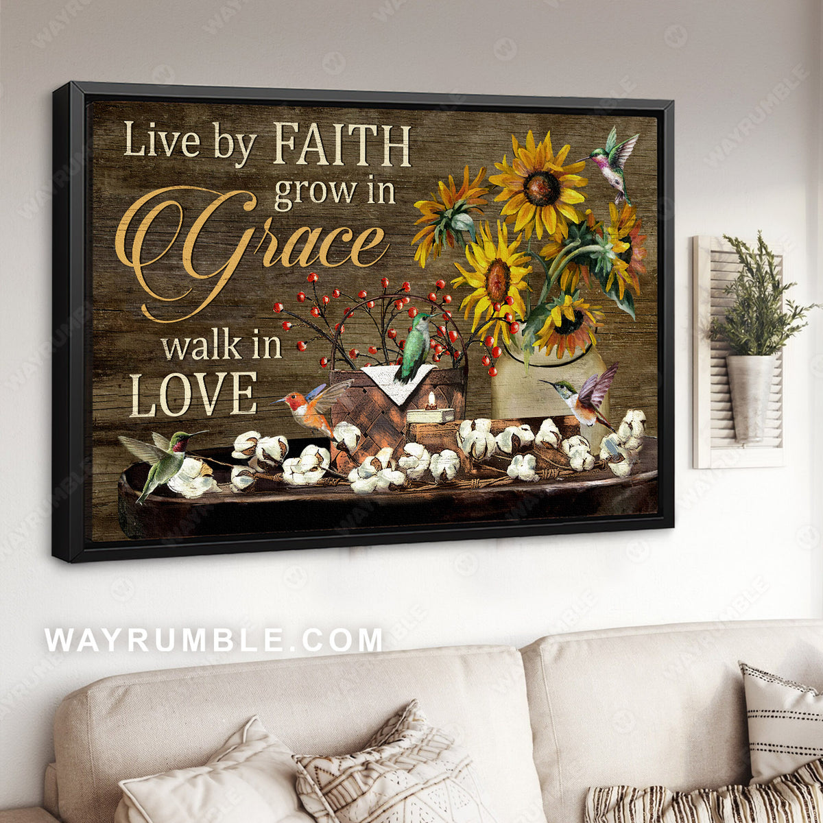 Inspirational quote, Sunflower vase, Hummingbirds, Grow in grace, Walk in love - Jesus Landscape Canvas Prints, Home Decor Wall Art