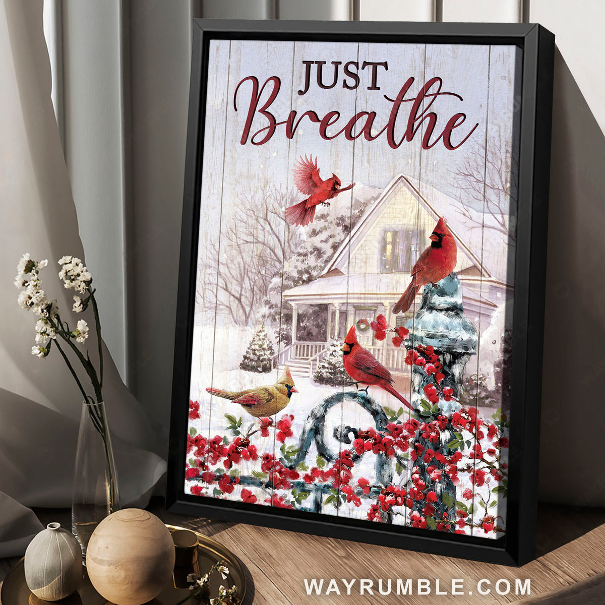 Cardinal painting, Winter season, Red flower, Beautiful snowfall, Just breathe - Jesus Portrait Canvas Prints, Home Decor Wall Art