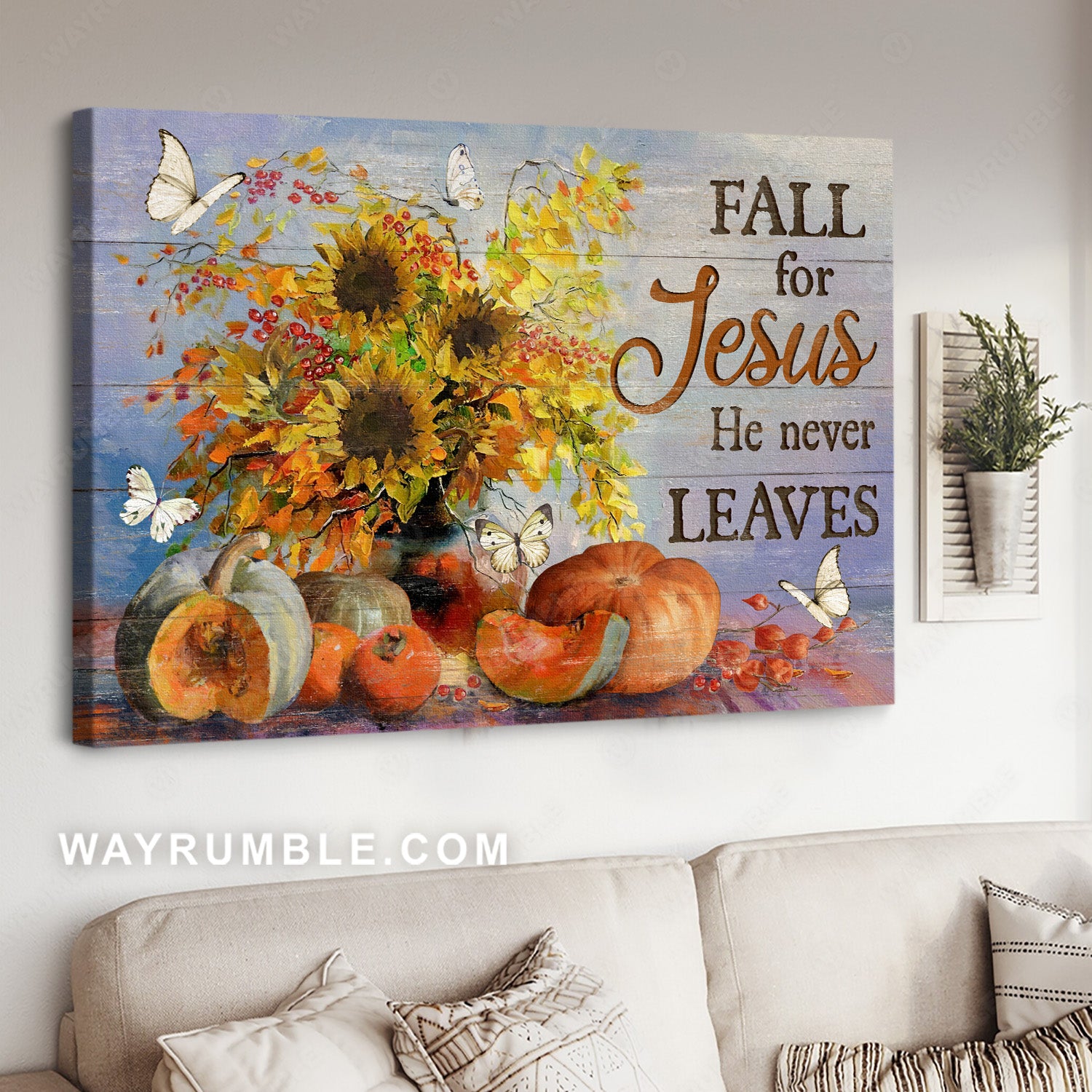 Watercolor sunflower, Pumpkin drawing, Butterfly, Fall for Jesus, He never leaves - Jesus Landscape Canvas Prints, Home Decor Wall Art
