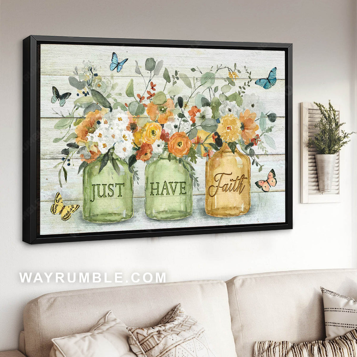 Stunning flower jar painting, Colorful butterflies, Just have faith - Jesus Landscape Canvas Prints, Christian Wall Art