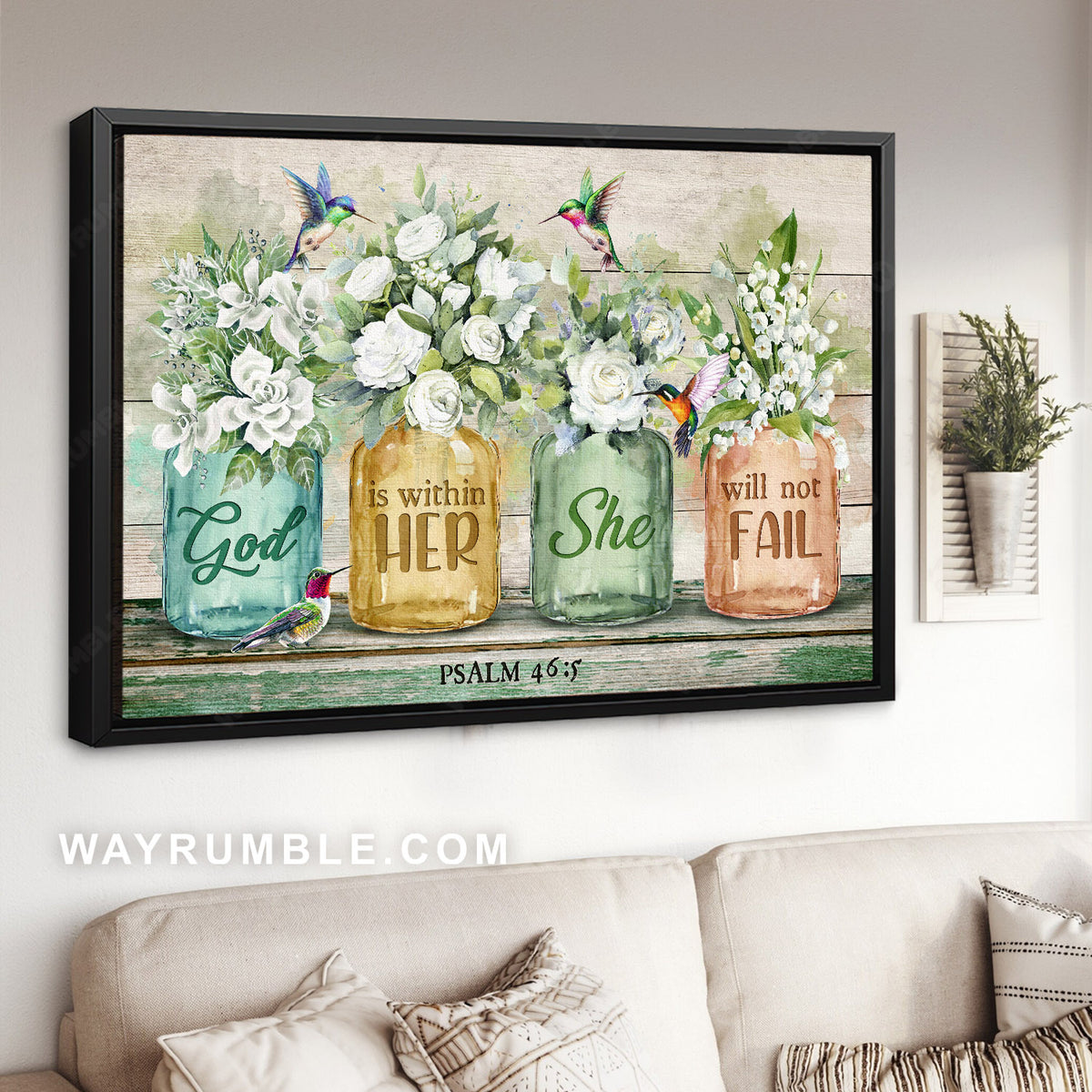 Amazing hummingbird, Gorgeous flower jar, God is within her, she will not fail - Jesus Landscape Canvas Prints, Christian Wall Art