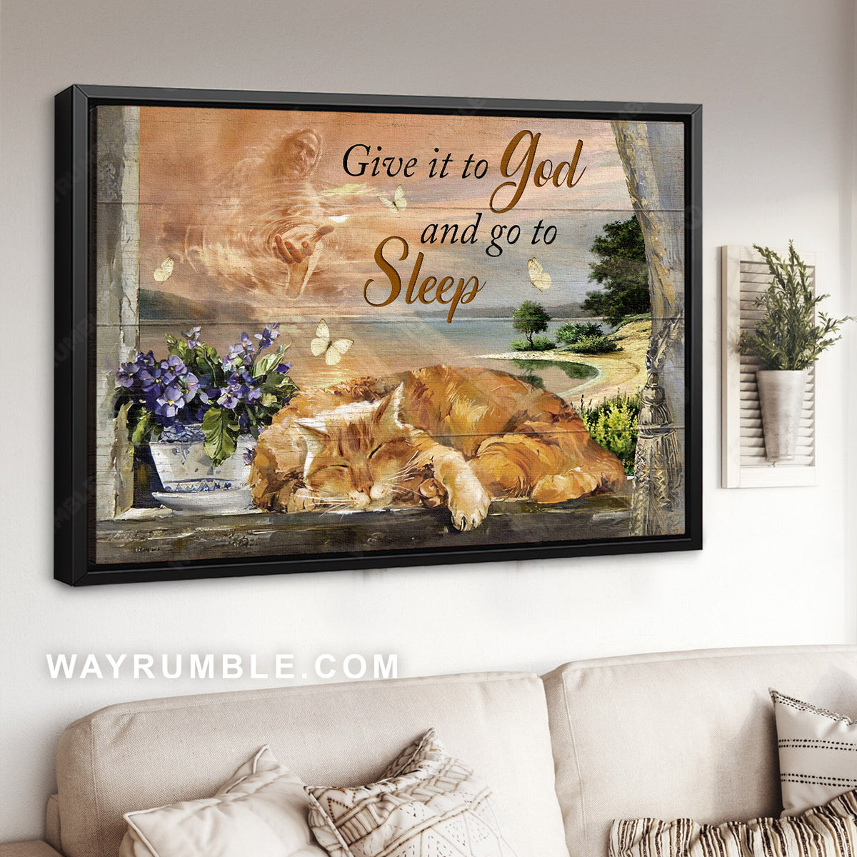 Flower vase, Yellow cat, Jesus painting, Give it to God and go to sleep - Jesus Landscape Canvas Prints, Home Decor Wall Art