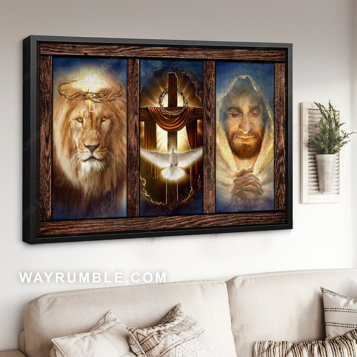 Jesus painting, Lion of Judah, Holy spirit dove, Wooden cross, Crown of thorns - Jesus Landscape Canvas Prints, Christian Wall Art
