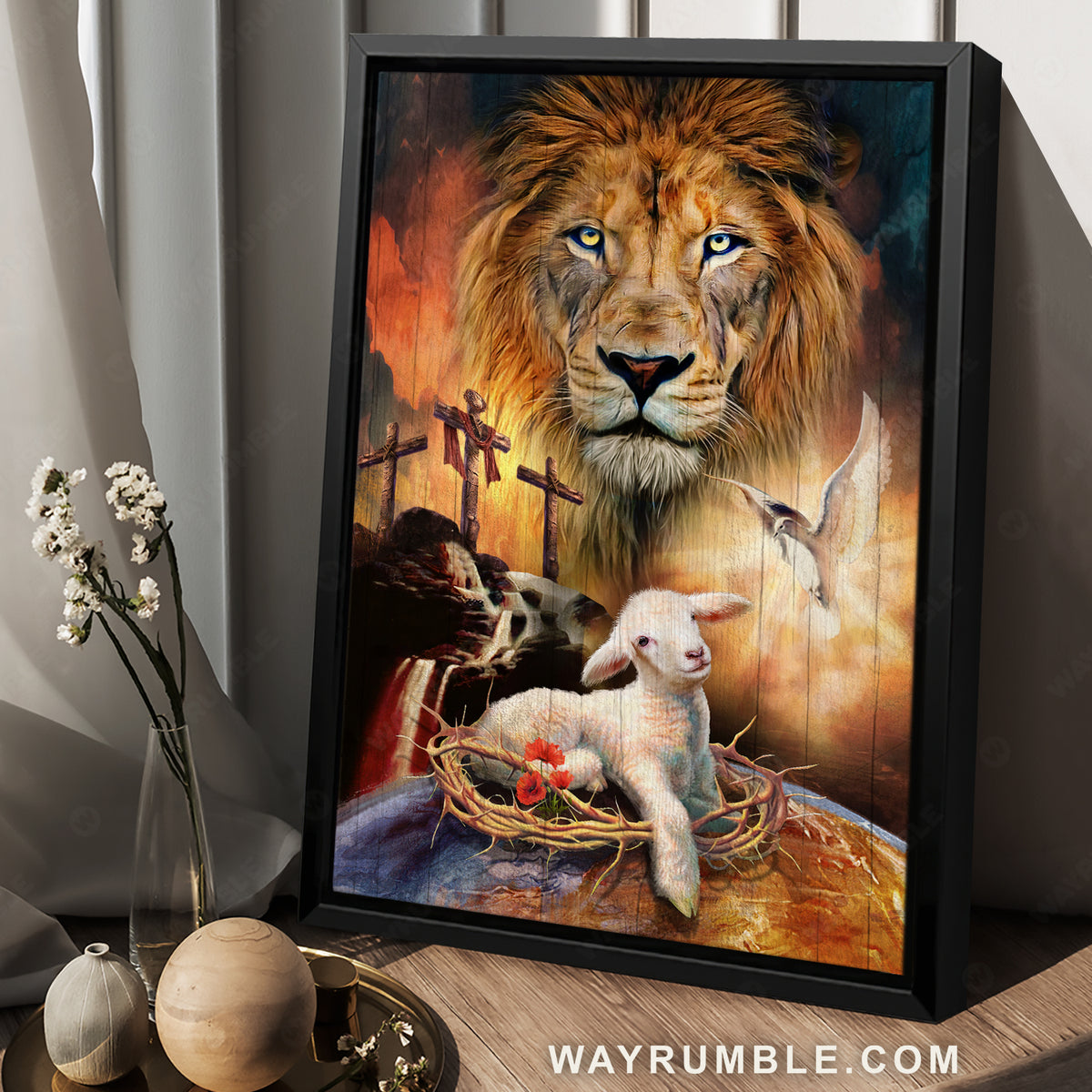 Abstract lion head, Lamb of God, Holy spirit dove, Three crosses on hill - Jesus Portrait Canvas Prints, Christian Wall Art