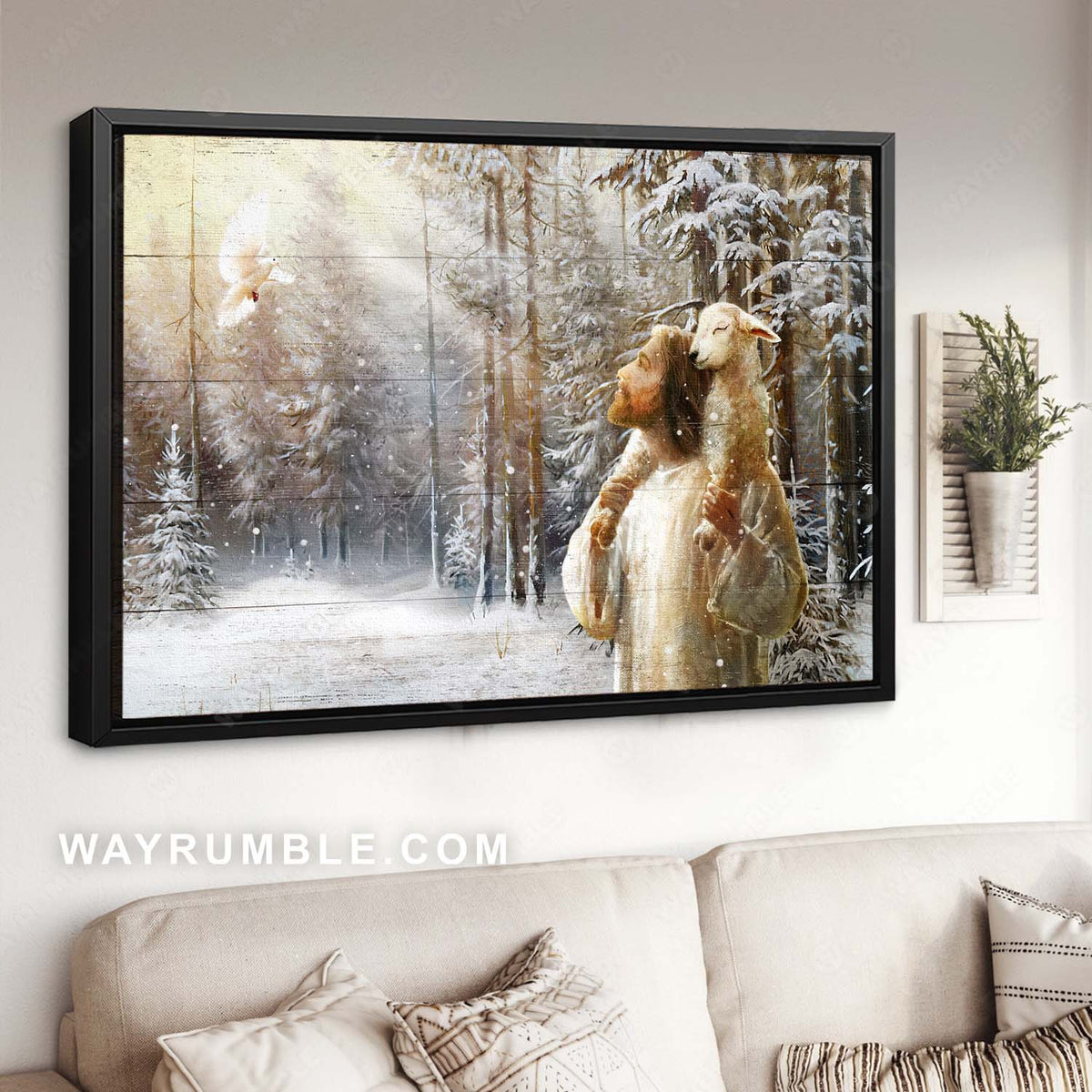 Holy spirit dove, Lamb of God, Jesus painting, In a snowy forest - Jesus Landscape Canvas Prints, Christian Wall Art