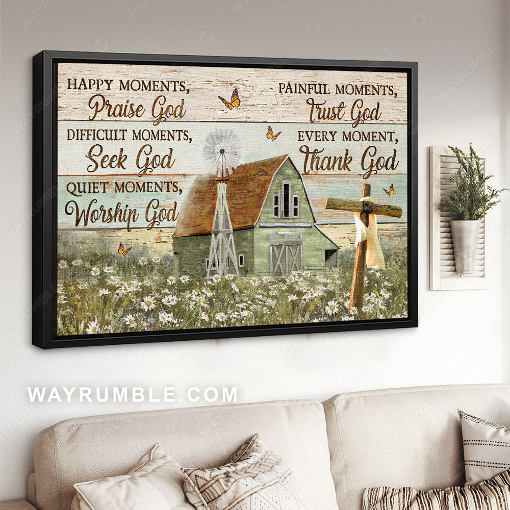 Daisy field, Rustic farmhouse, Monarch butterfly, Cross, Every moment, thank God - Jesus Landscape Canvas Prints, Home Decor Wall Art