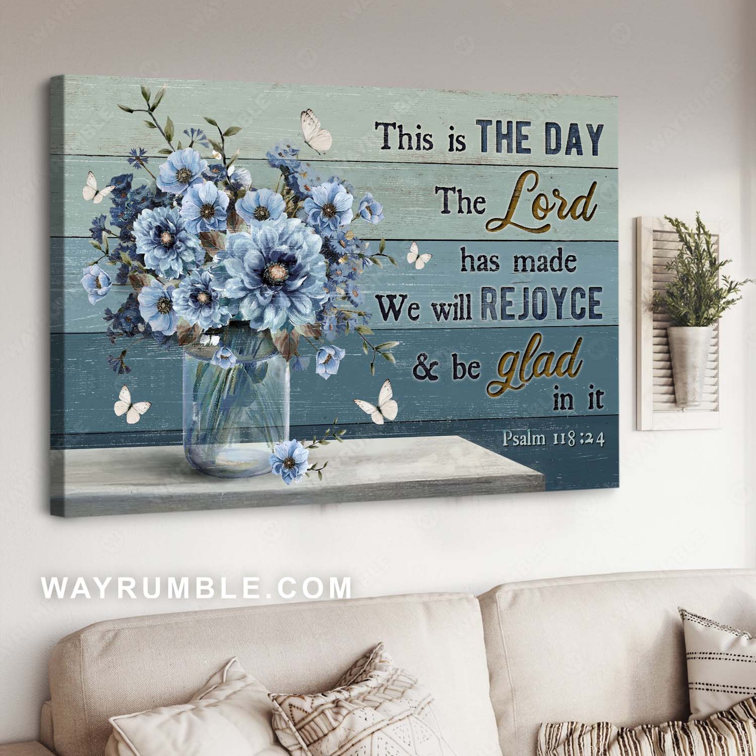 Blue flower, Vintage painting, Bible verse, This is the day the Lord has made - Jesus Landscape Canvas Prints, Home Decor Wall Art