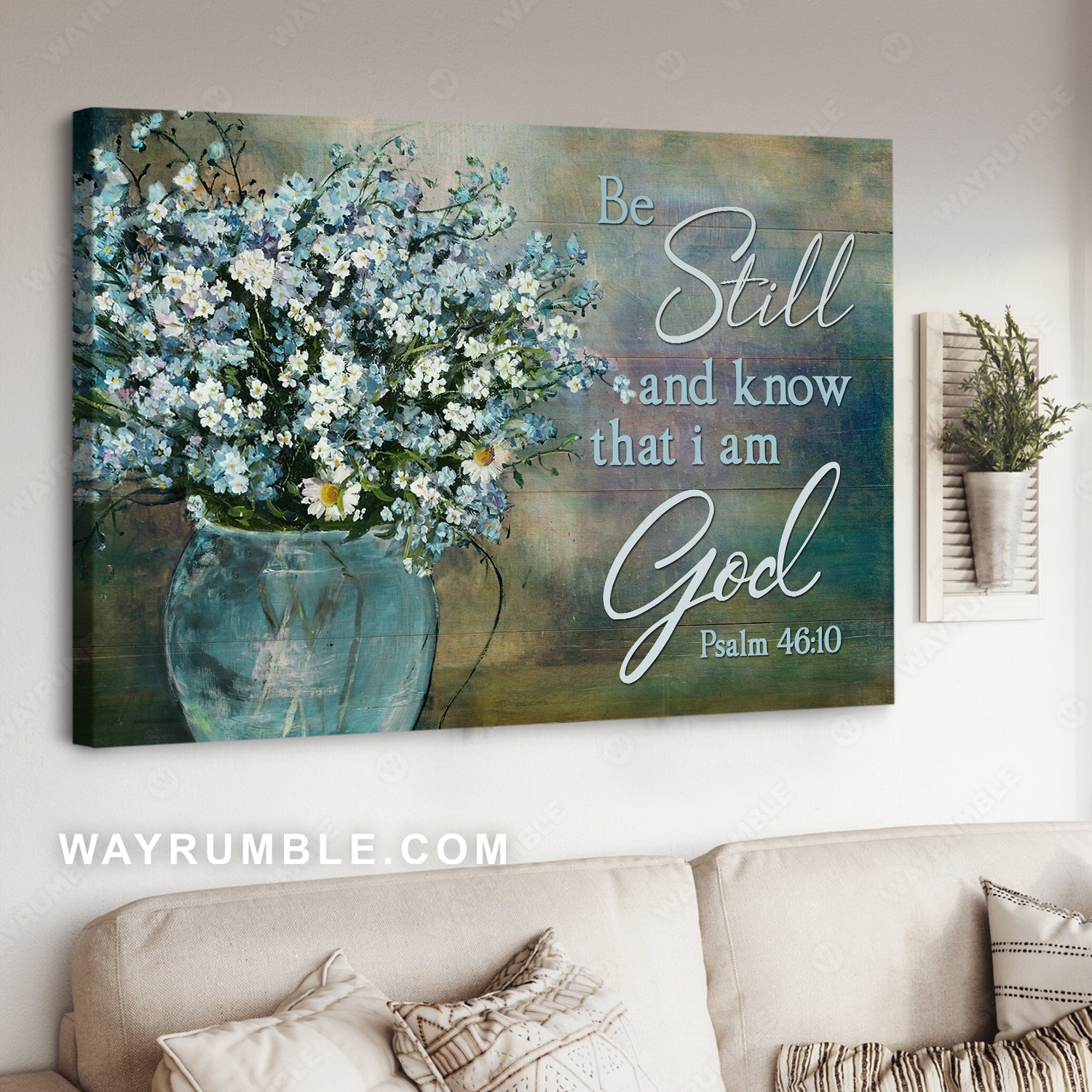 Blue flower, Lovely daisy, Bible verse, Be still and know that I am God - Jesus Landscape Canvas Prints, Christian Wall Art