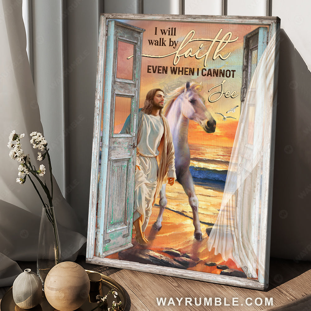 Horse drawing, Jesus painting, Sunset on beach, Vintage art, I will walk by faith - Jesus Portrait Canvas Prints, Christian Wall Art