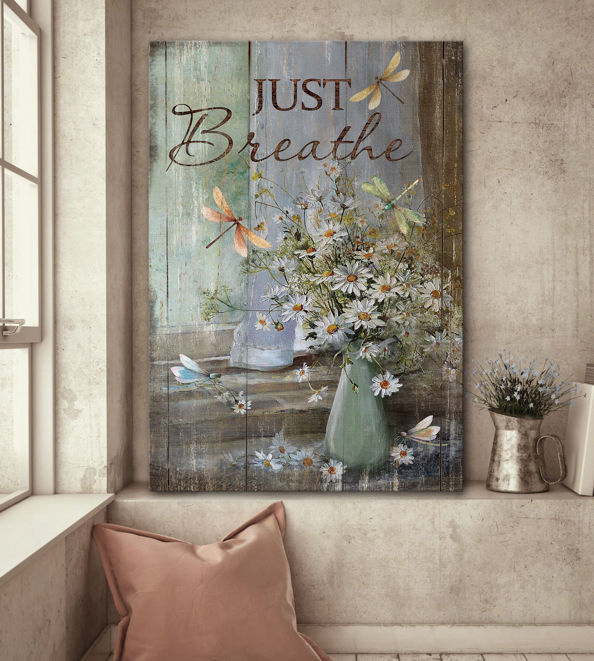 Vintage Flower Vase, Just breathe - Daisy flower, Dragonfly, Jesus Portrait Canvas Prints, Wall Art