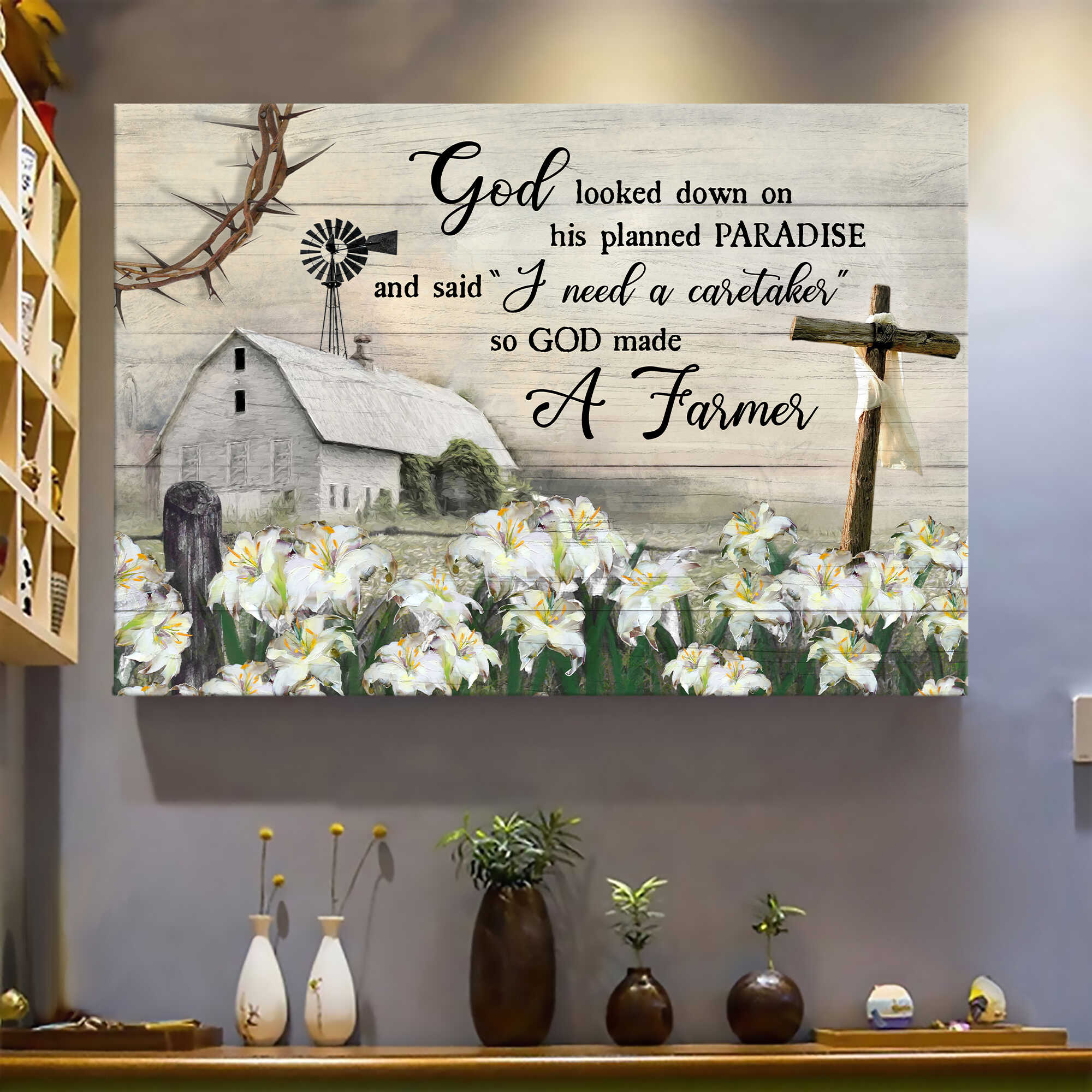 Lily Field, White Barn, Wooden Cross, God looked down on his planned paradise - Jesus Landscape Canvas Prints, Wall Art