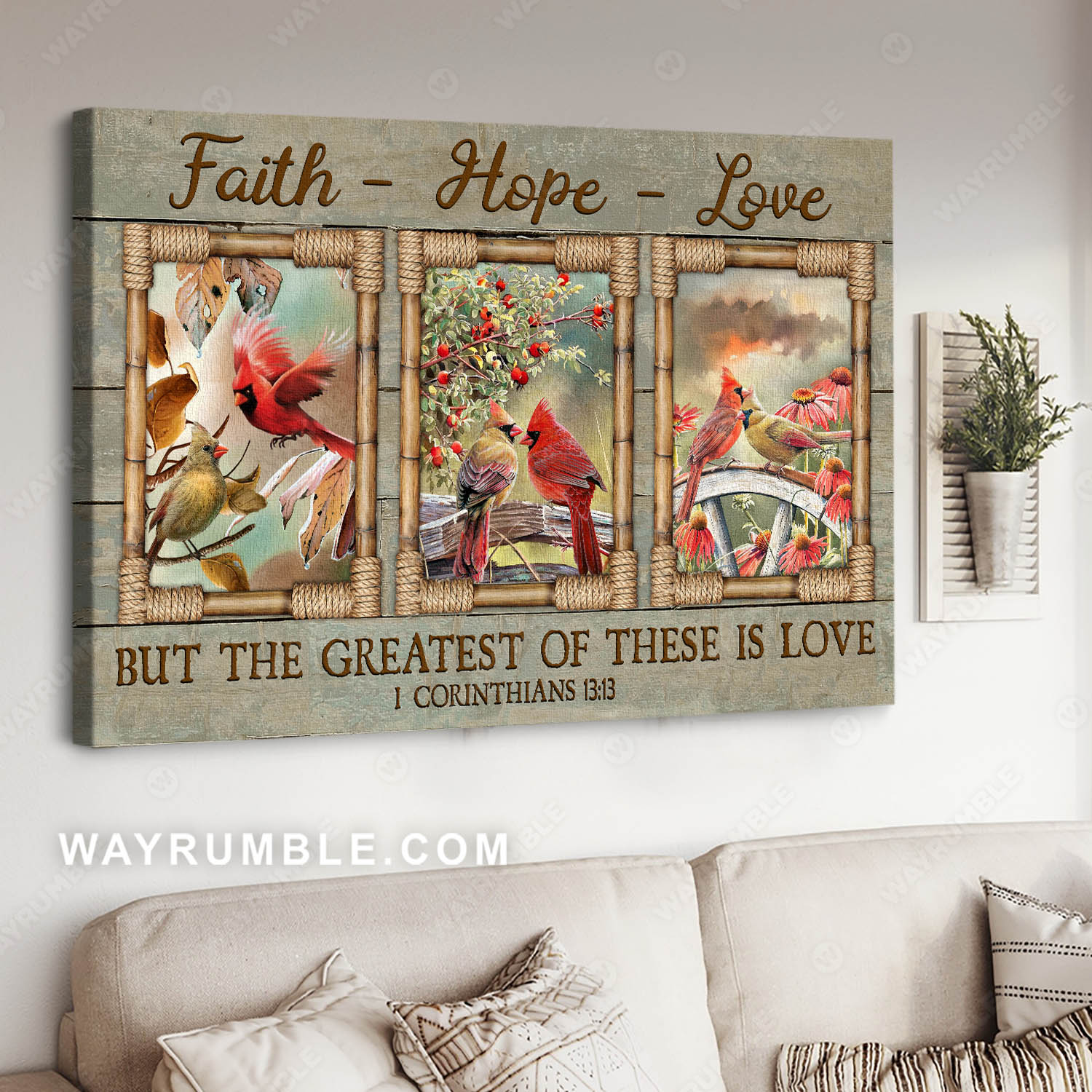 Cardinal couple, Bible verse, Flower garden, Faith hope love - Jesus Landscape Canvas Prints, Christian Wall Art