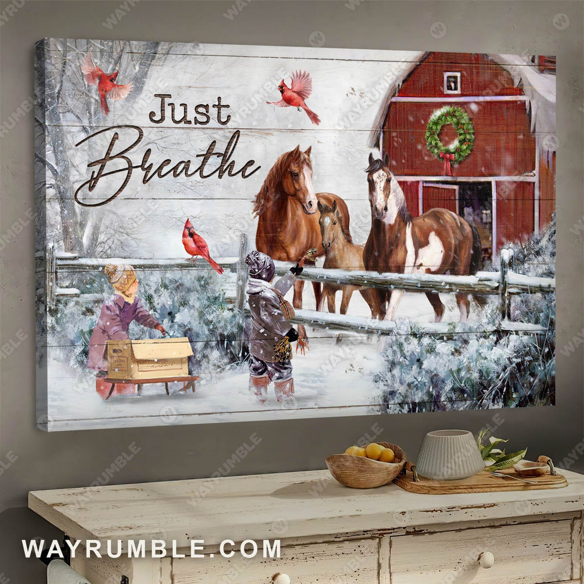 Children on farm, Winter farm, Barn painting, Just breathe - Jesus, Horse Landscape Canvas Prints, Wall Art