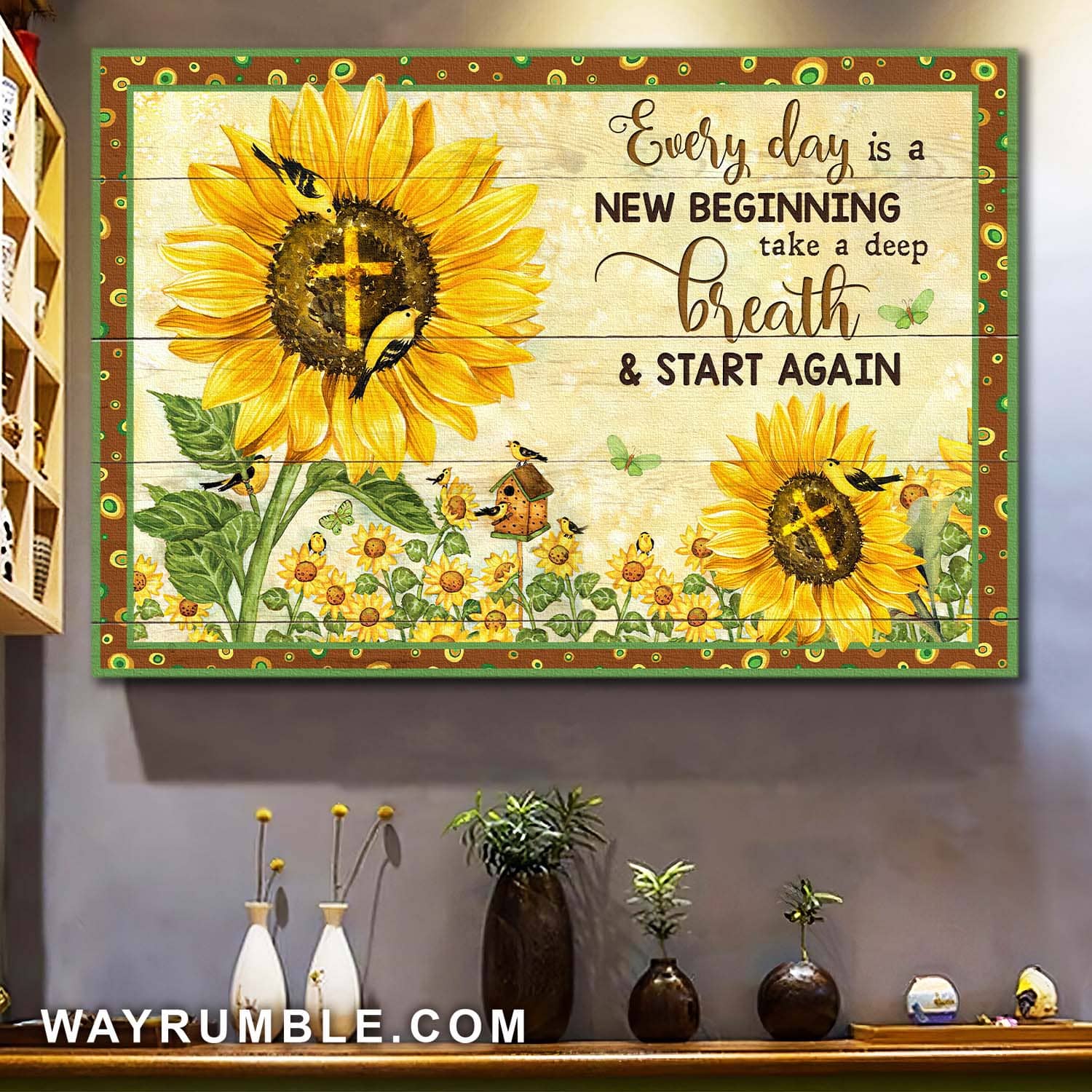 Sunflower field, Cross, Birds, Everyday is a new beginning, take a deep breath and start again - Jesus Landscape Canvas Prints, Wall Art