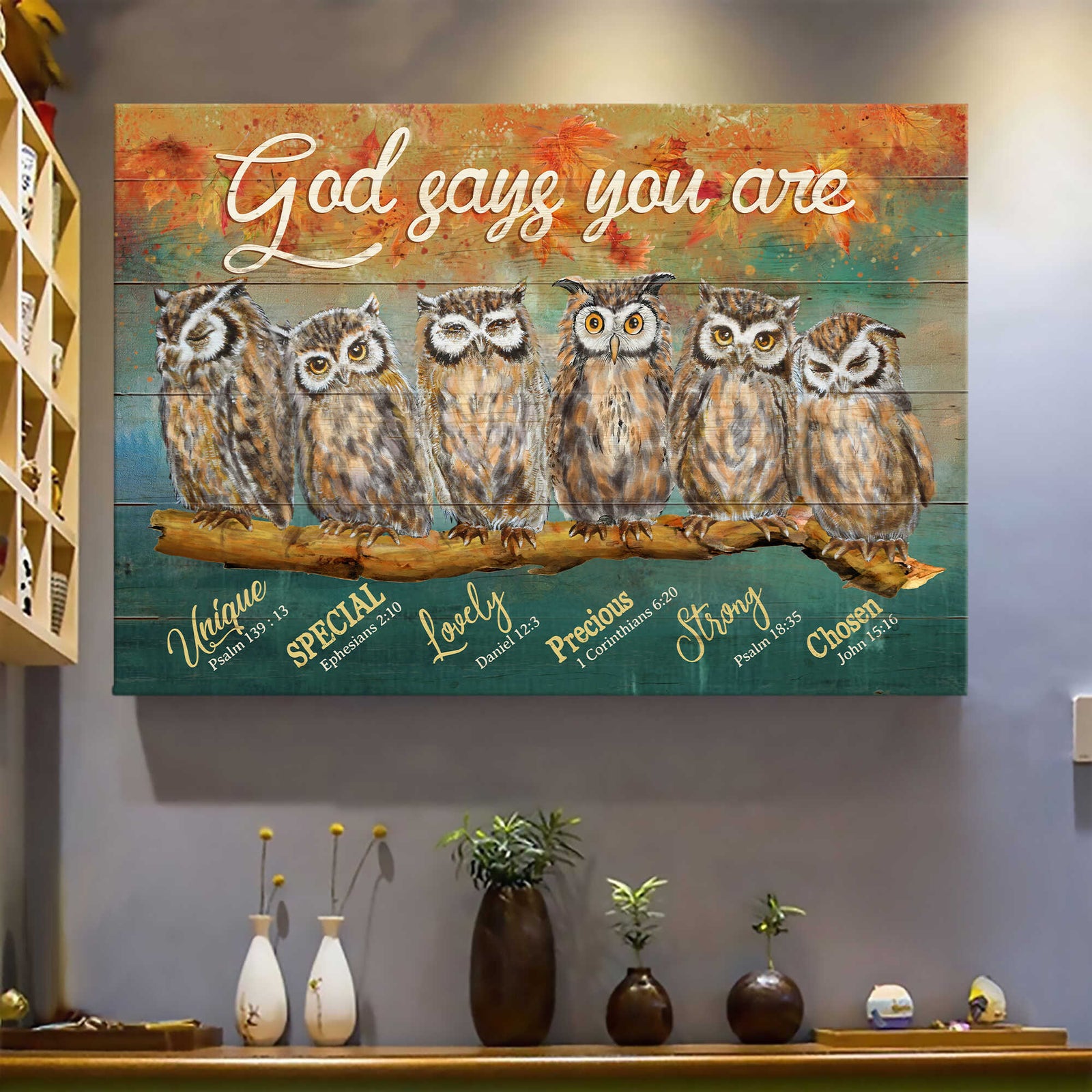 Owls, On the branch, God says you are - Jesus Landscape Canvas Prints, Wall Art