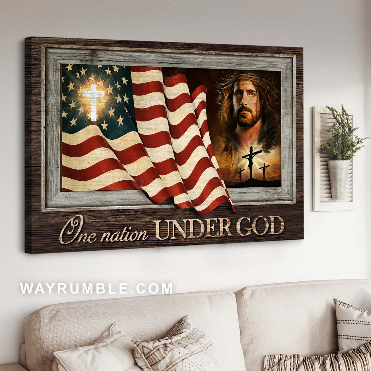 Religious painting, Abstract Jesus portrait, American flag, One nation under God - Jesus Landscape Canvas Prints, Christian Wall Art