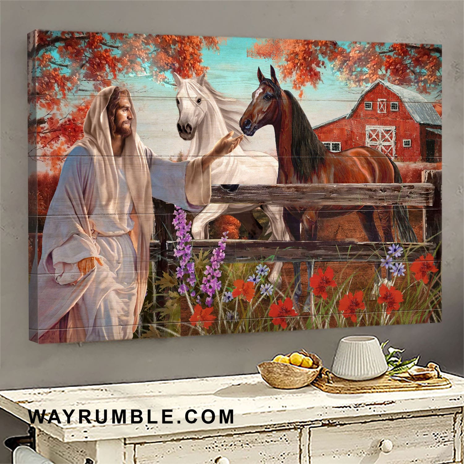 Jesus Painting, Autumn leaves, Beautiful horses - Jesus Landscape Canvas Prints, Wall Art