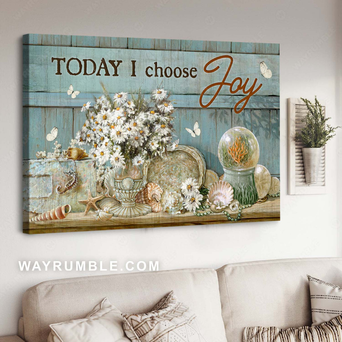 Daisy flower vase, Seashell drawing, Gift from the sea, Today I choose joy - Jesus Landscape Canvas Prints,Home Decor Wall Art