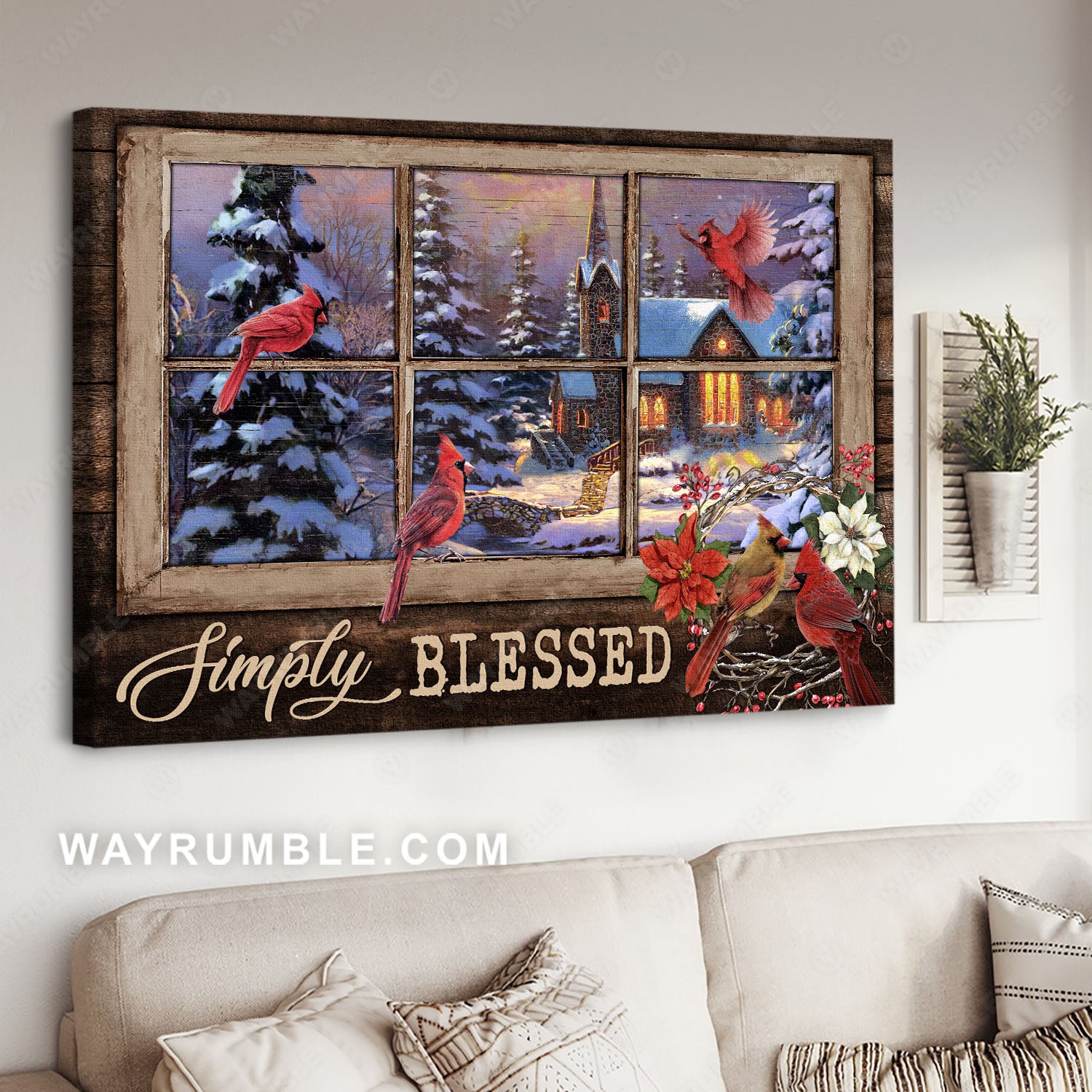Christmas eve, Red cardinal, Snowy village, Simly blessed - Jesus Landscape Canvas Prints, Home Decor Wall Art