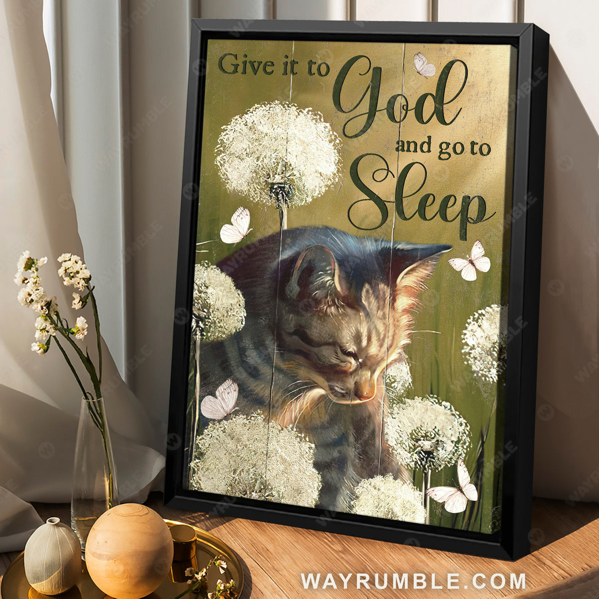 Watercolor cat, Dandelion field, Give it to God and go to sleep - Jesus Portrait Canvas Prints, Christian Wall Art