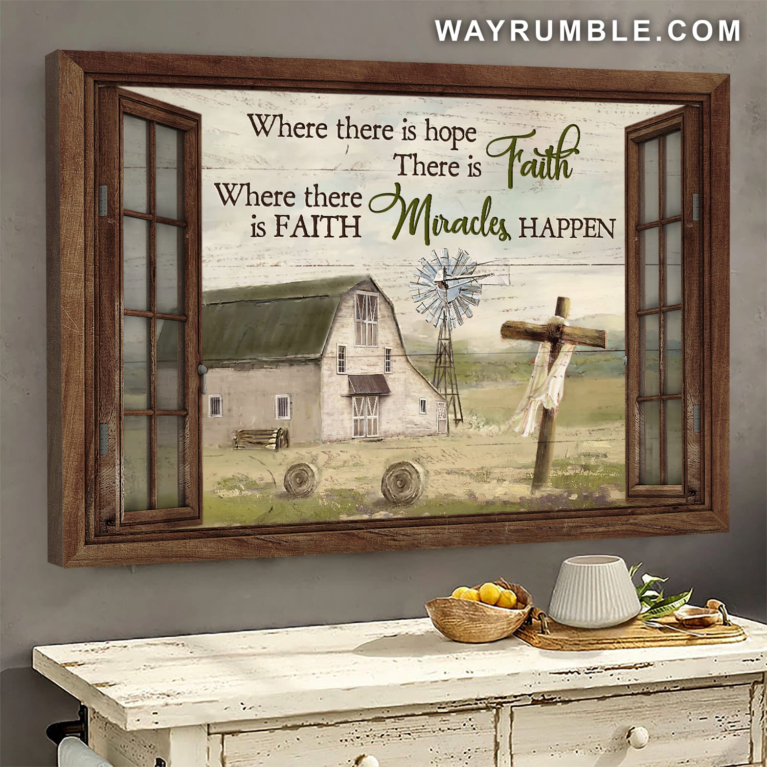 White house, Wooden cross, Windmill, Where there is hope there is faith - Jesus Landscape Canvas Prints, Wall Art