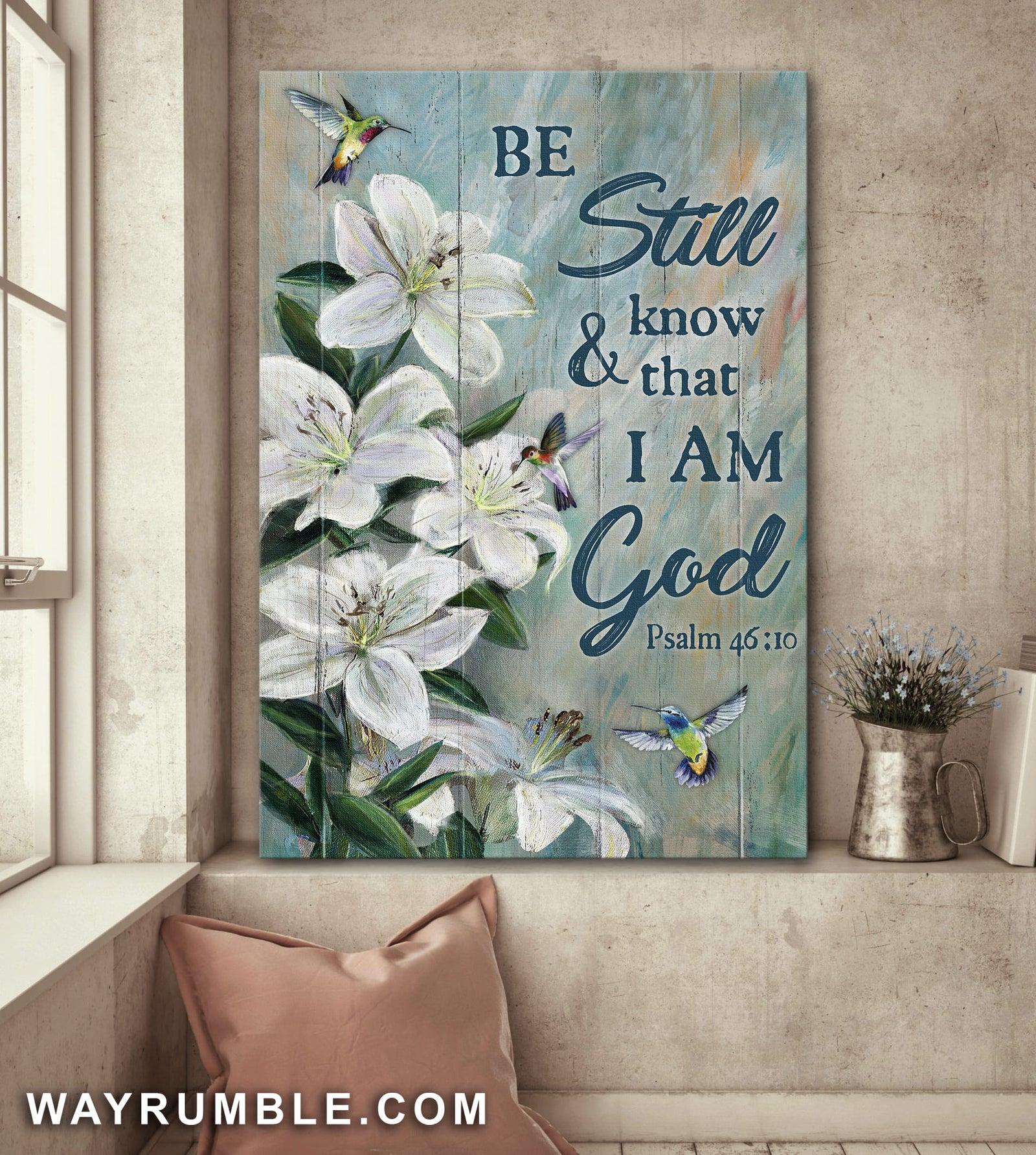 Lily Flower, Hummingbird, Be still and know that I am God - Jesus Portrait Canvas Prints, Wall Art