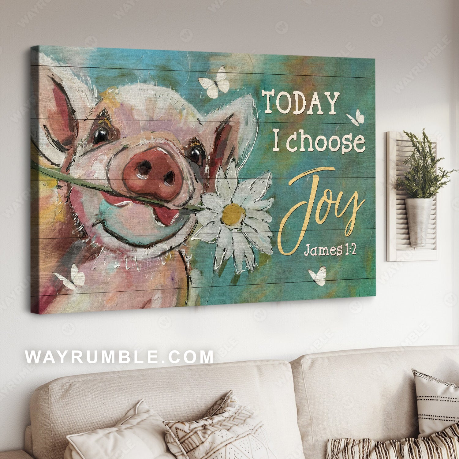Lovely pig painting, Watercolor daisy, White butterfly, Today I choose joy - Jesus Landscape Canvas Prints, Home Decor Wall Art
