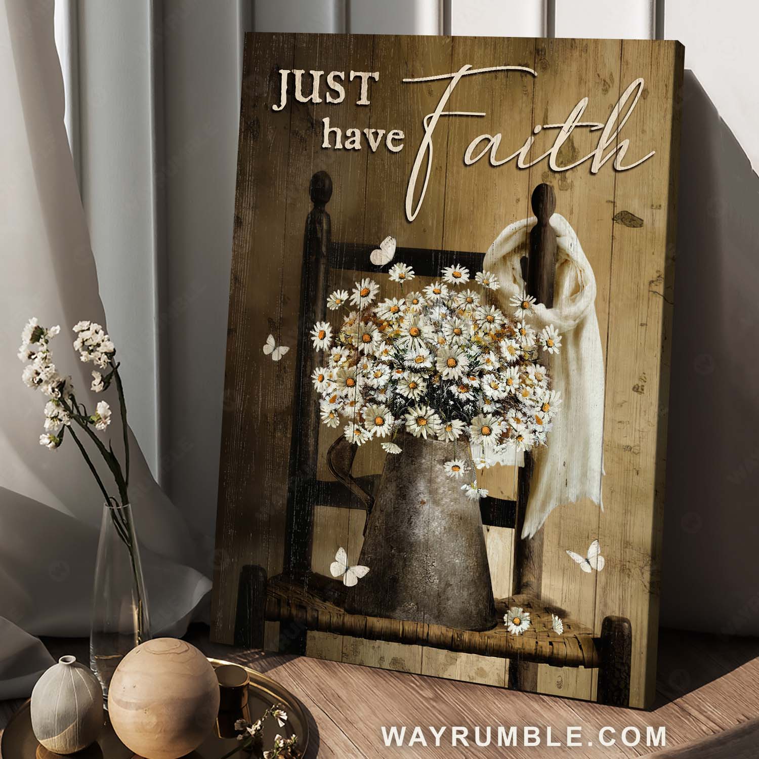 Daisy flower painting, White butterfly, Vintage art, Just have faith - Jesus Portrait Canvas Prints, Home Decor Wall Art