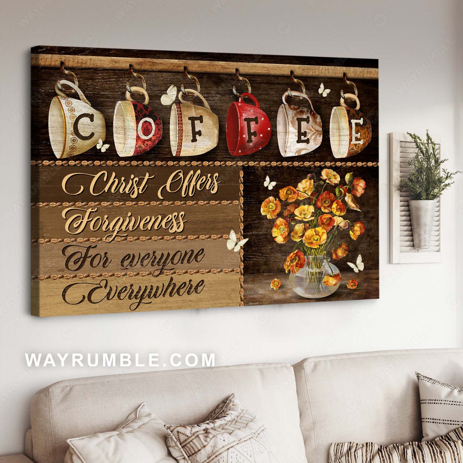 Coffeeholic house, Lovely flower vase, Christ offers forgiveness for everyone - Jesus Landscape Canvas Prints, Christian Wall Art