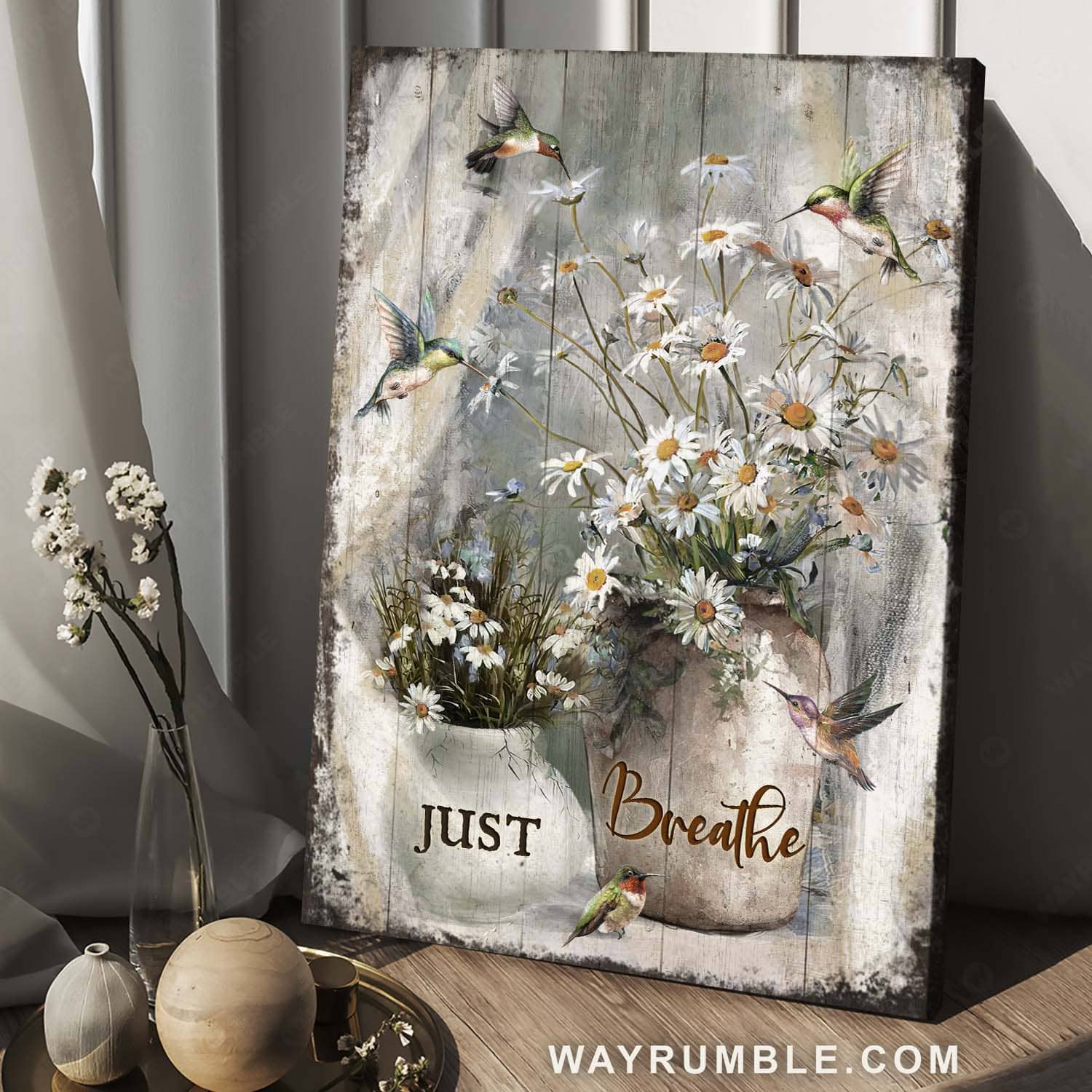 Daisy flower, Watercolor Hummingbird, Vintage art, Just breathe - Jesus Portrait Canvas Prints, Home Decor Wall Art