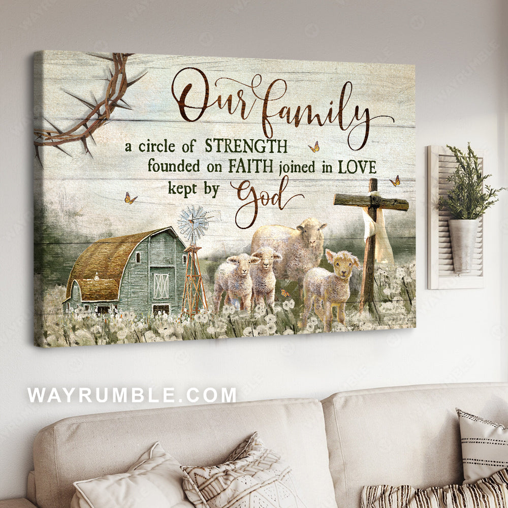 Flower field, Rustic farmhouse, Lamb of God, Our family kept by God - Jesus Landscape Canvas Prints, Home Decor Wall Art