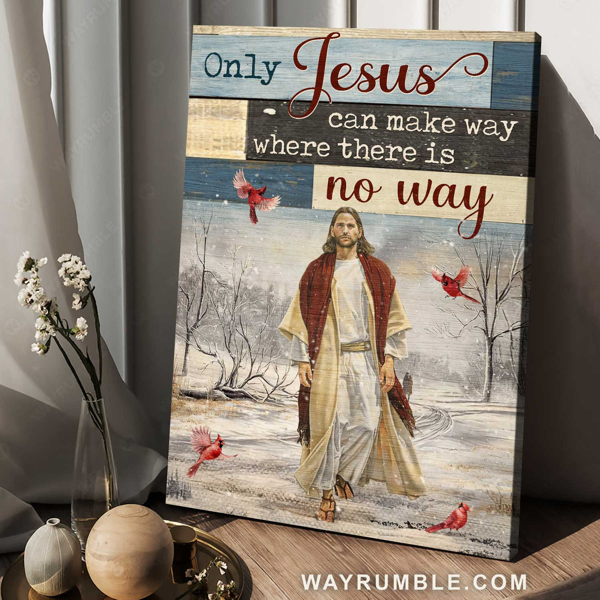 Beautiful Jesus painting, Red cardinal, Winter season, Only Jesus can make way - Jesus Portrait Canvas Prints, Christian Wall Art