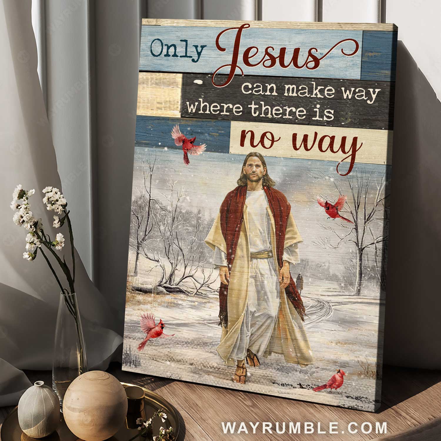 Beautiful Jesus painting, Red cardinal, Winter season, Only Jesus can make way - Jesus Portrait Canvas Prints, Christian Wall Art