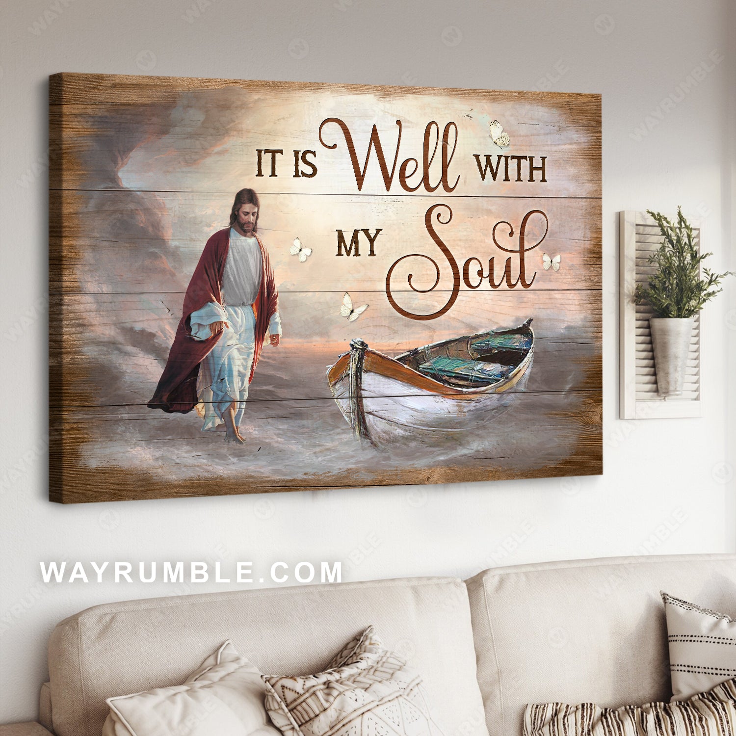 Walking with Jesus, Wooden boat, Butterfly, It is well with my soul - Jesus Landscape Canvas Prints, Christian Wall Art