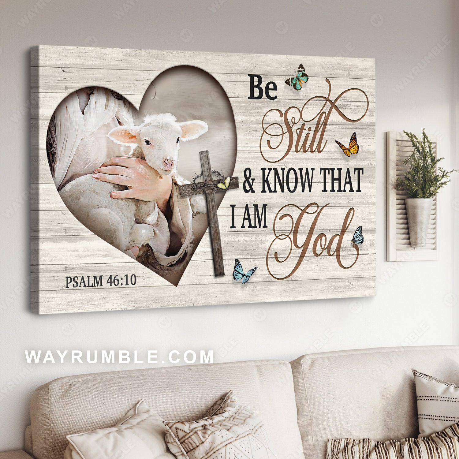Lamb of God, Blue butterfly, Bible verse, Be still and know that I am God - Jesus Landscape Canvas Prints, Christian Wall Art