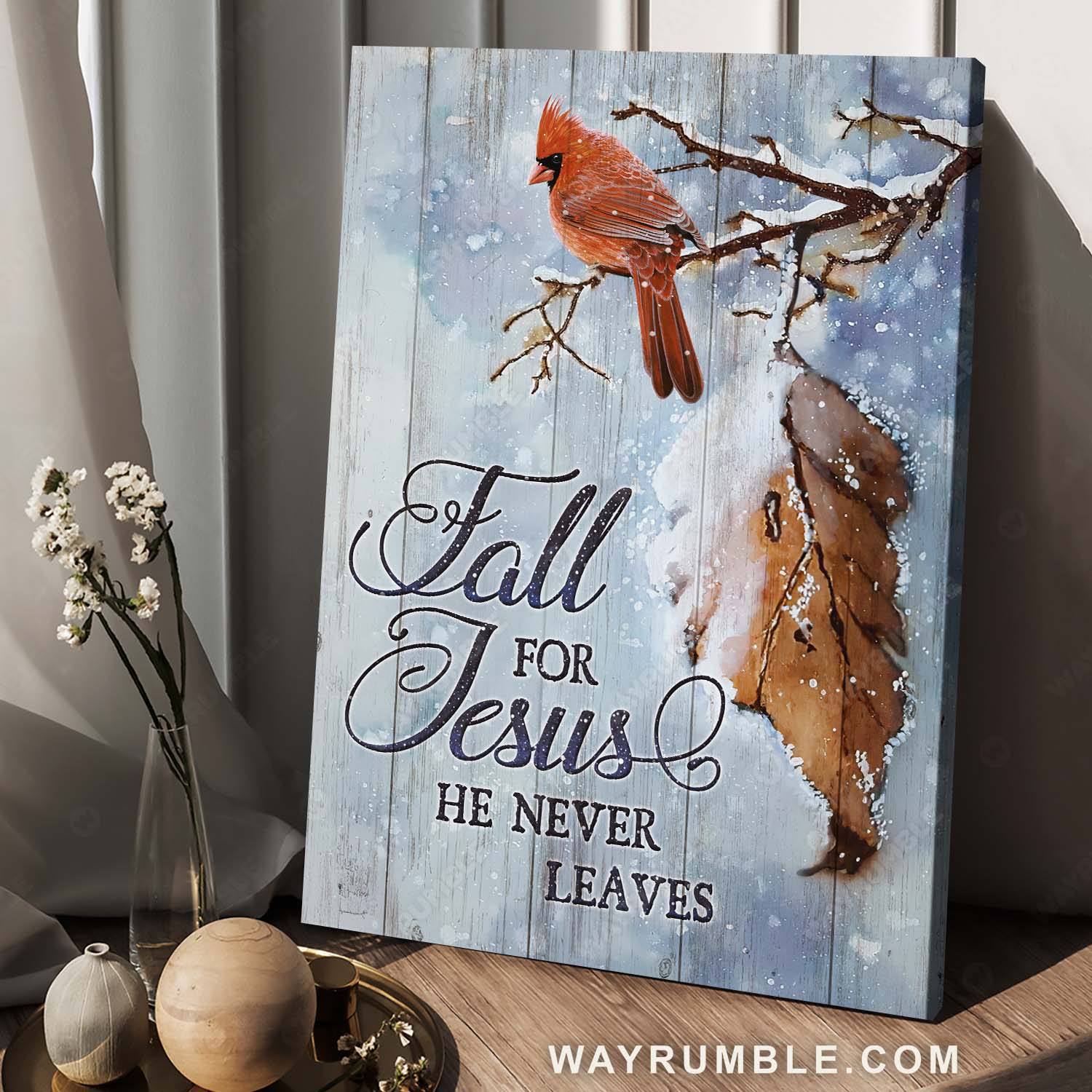 Winter season, Snow fall painting, Red cardinal, Fall for Jesus, he never leaves - Jesus Portrait Canvas Prints, Home Decor Wall Art
