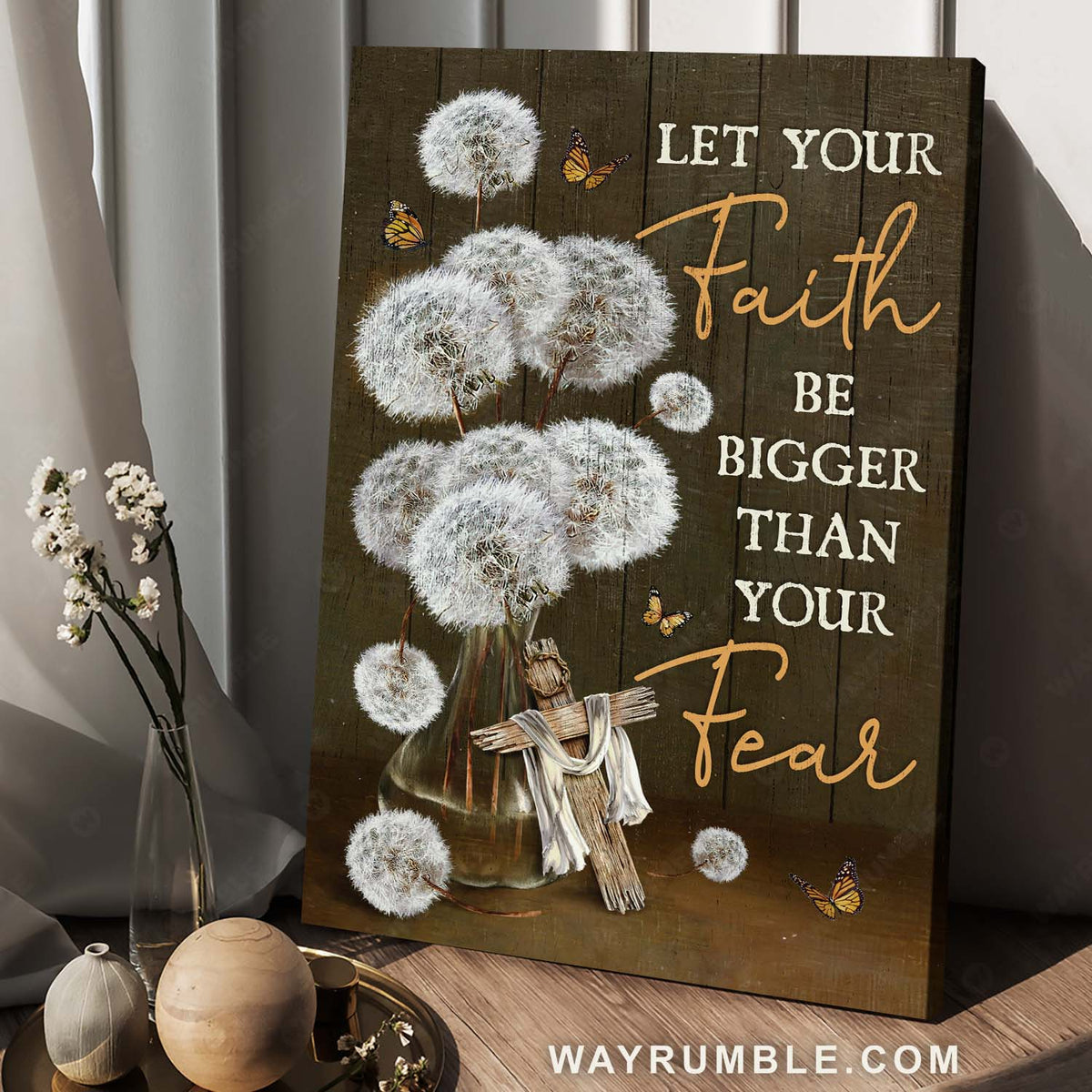 Dandelion painting, Cross, Monarch butterfly, Let your faith be bigger than your fear - Jesus Portrait Canvas Prints, Home Decor Wall Art