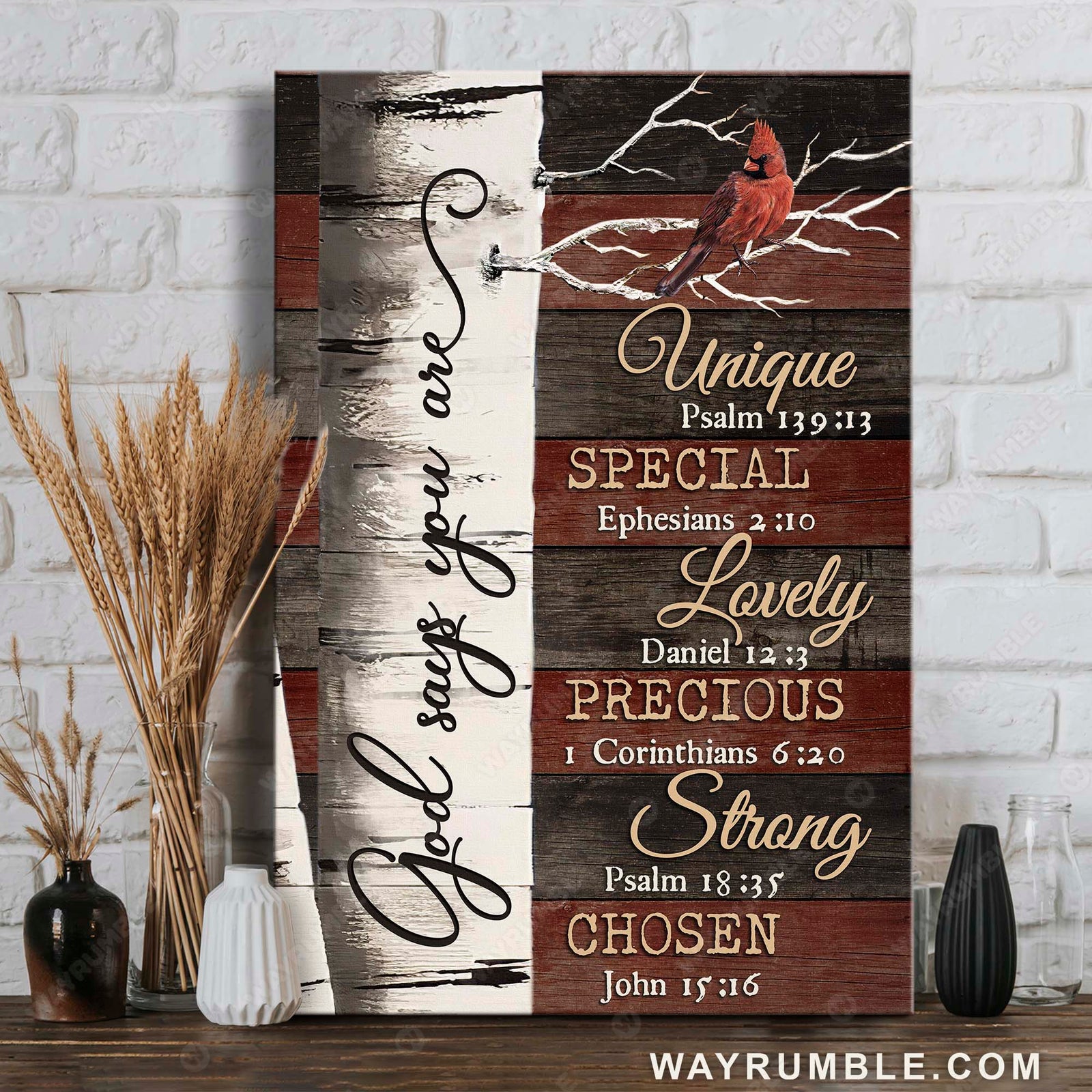 Birch tree, Red cardinal, Vintage painting, Bible verses, God says you are - Jesus Portrait Canvas Prints, Home Decor Wall Art
