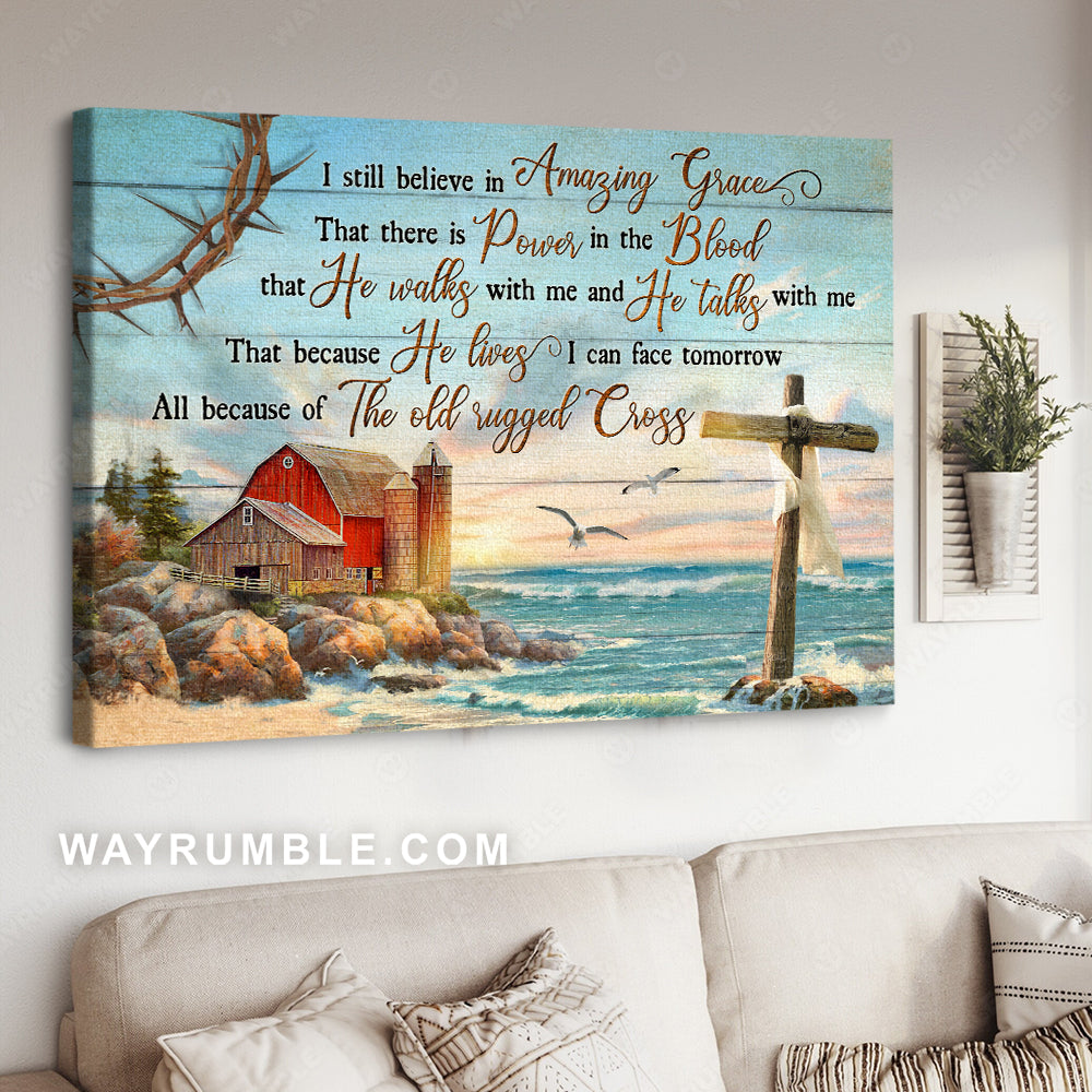 Beach painting, Blue ocean, Rustic farmhouse, I still believe in amazing grace - Jesus Landscape Canvas Prints, Home Decor Wall Art