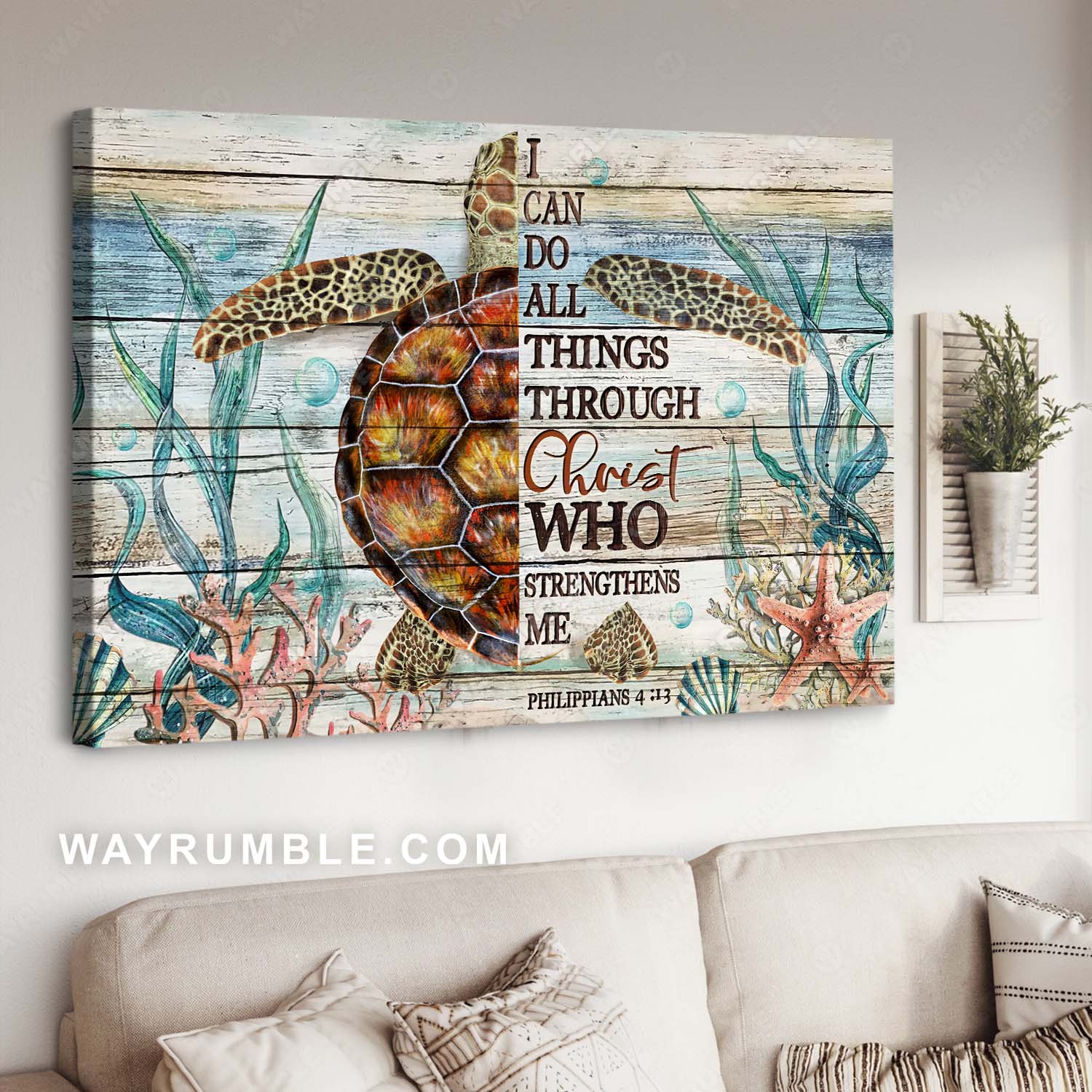 Awesome sea turtle, Amazing sea life, I can do all things through Christ - Jesus Landscape Canvas Prints, Christian Wall Art