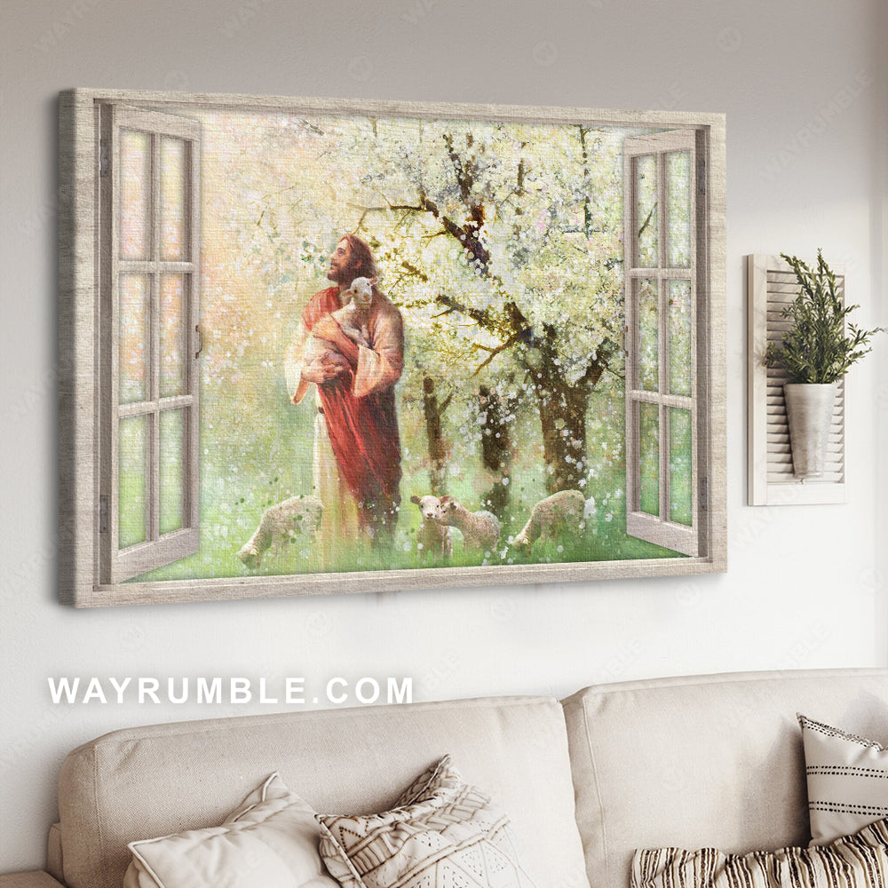 Flowering tree, Jesus painting, Lamb of God, Natural spring, Vintage windows - Jesus Landscape Canvas Prints, Christian Wall Art