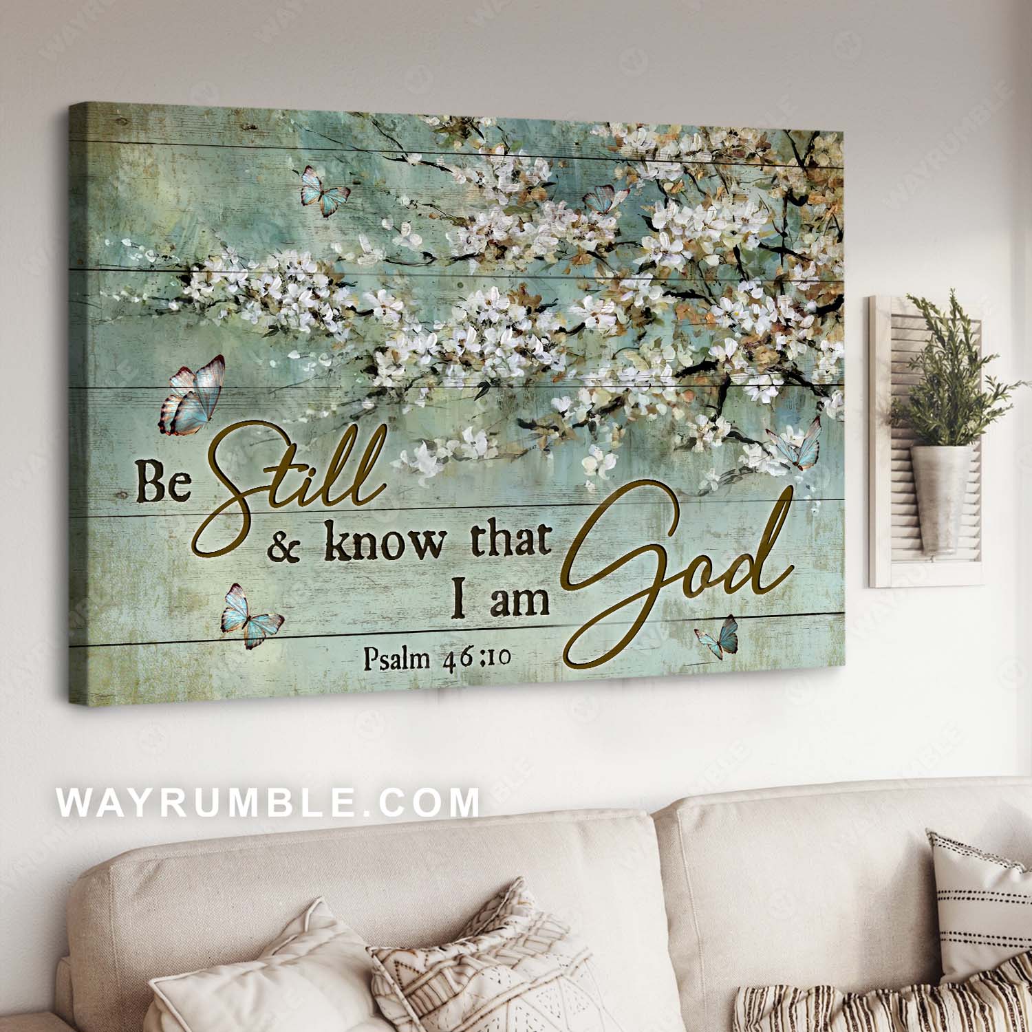 Blue butterfly, Vintage painting, White flowers, Be still and know that I am God - Jesus Landscape Canvas Prints, Home Decor Wall Art